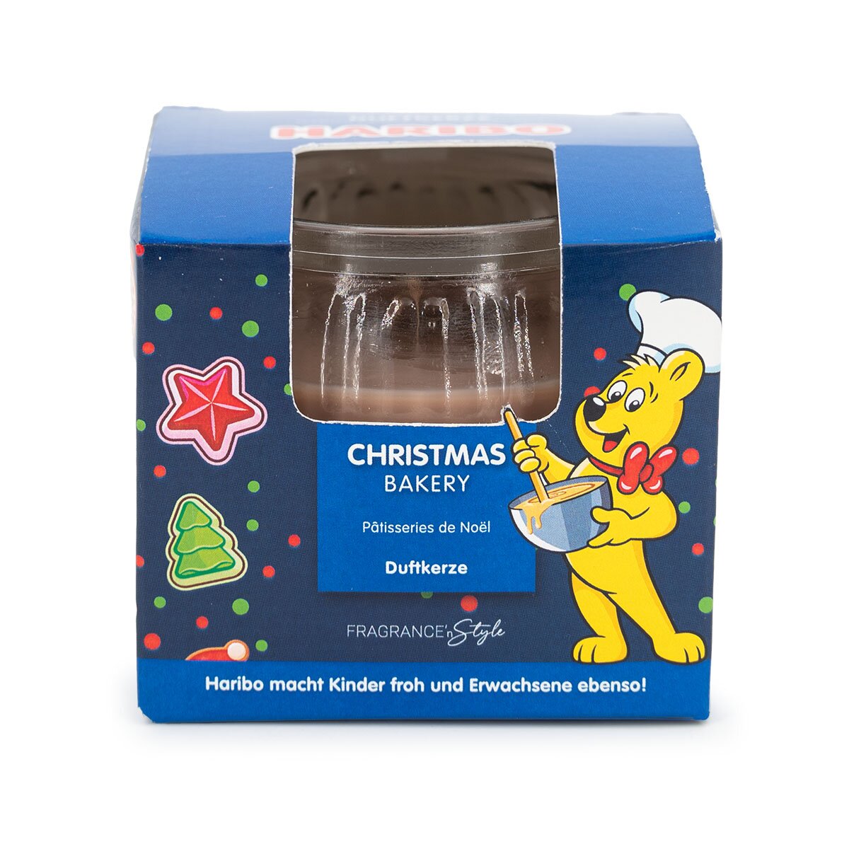 Haribo Mini-Duftkerze ‚Christmas Bakery‘ (85g) im Geschenkkarton – offizielle Lizenzkerze mit Weihnachtsduft (Lebkuchen, Vanille, Karamell). Winterliches Design mit blauem Geschenkkarton – kreatives Weihnachtsgeschenk.