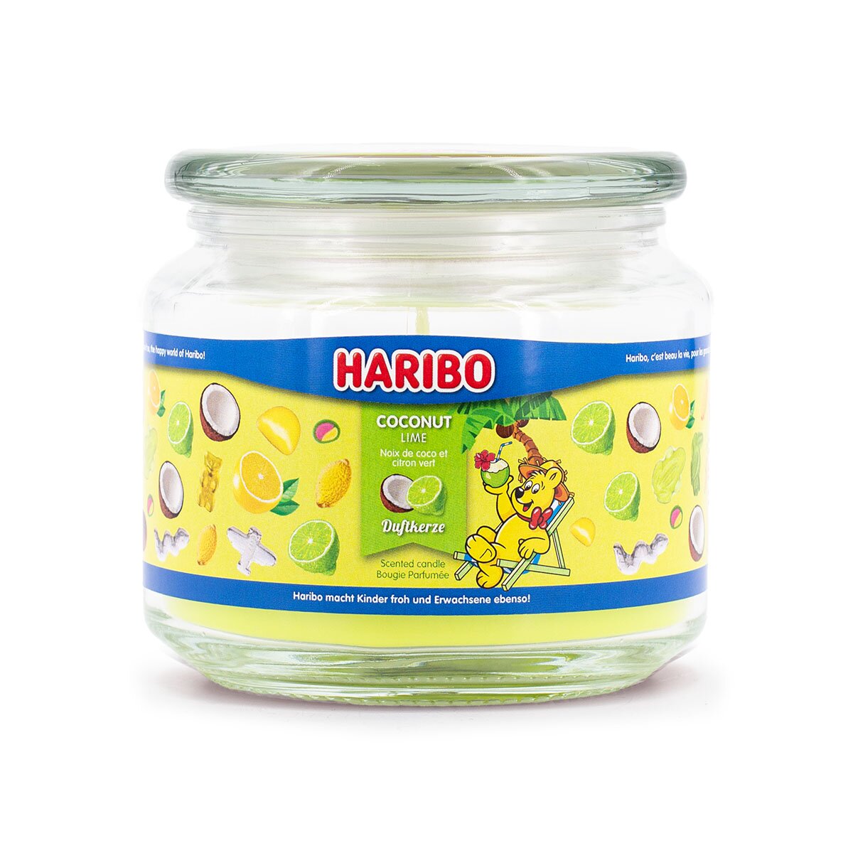 Haribo Duftkerze ‚Coconut Lime‘ (300g) – offizielle Lizenzkerze mit erfrischendem Sommer-Duft. Urlaubs-Design mit grünem Wachs. Duftkerzen Geschenk für HARIBO-Fans und stylische Deko.