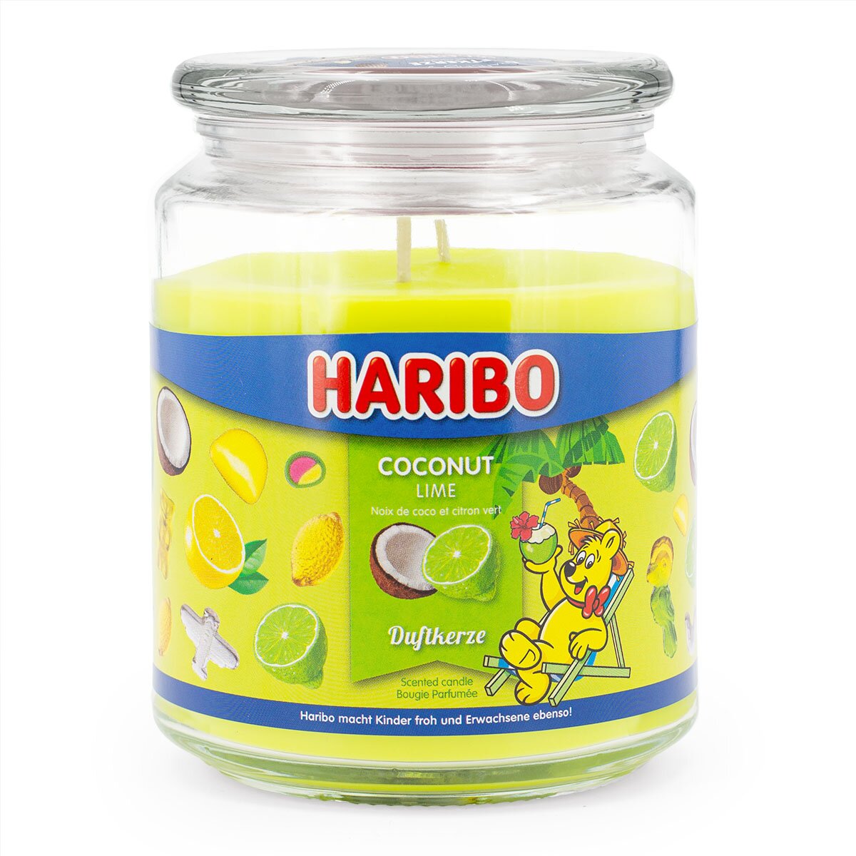 Haribo XXL-Duftkerze ‚Coconut Lime‘ (510g) – offizielle Lizenzkerze mit fruchtigem Duft (Limette, Zitrone, Kokosnuss). Urlaubs-Design mit grünem Wachs. Geschenkidee für Kerzenliebhaber und dekoratives Stimmungslicht für Wohnzimmer.
