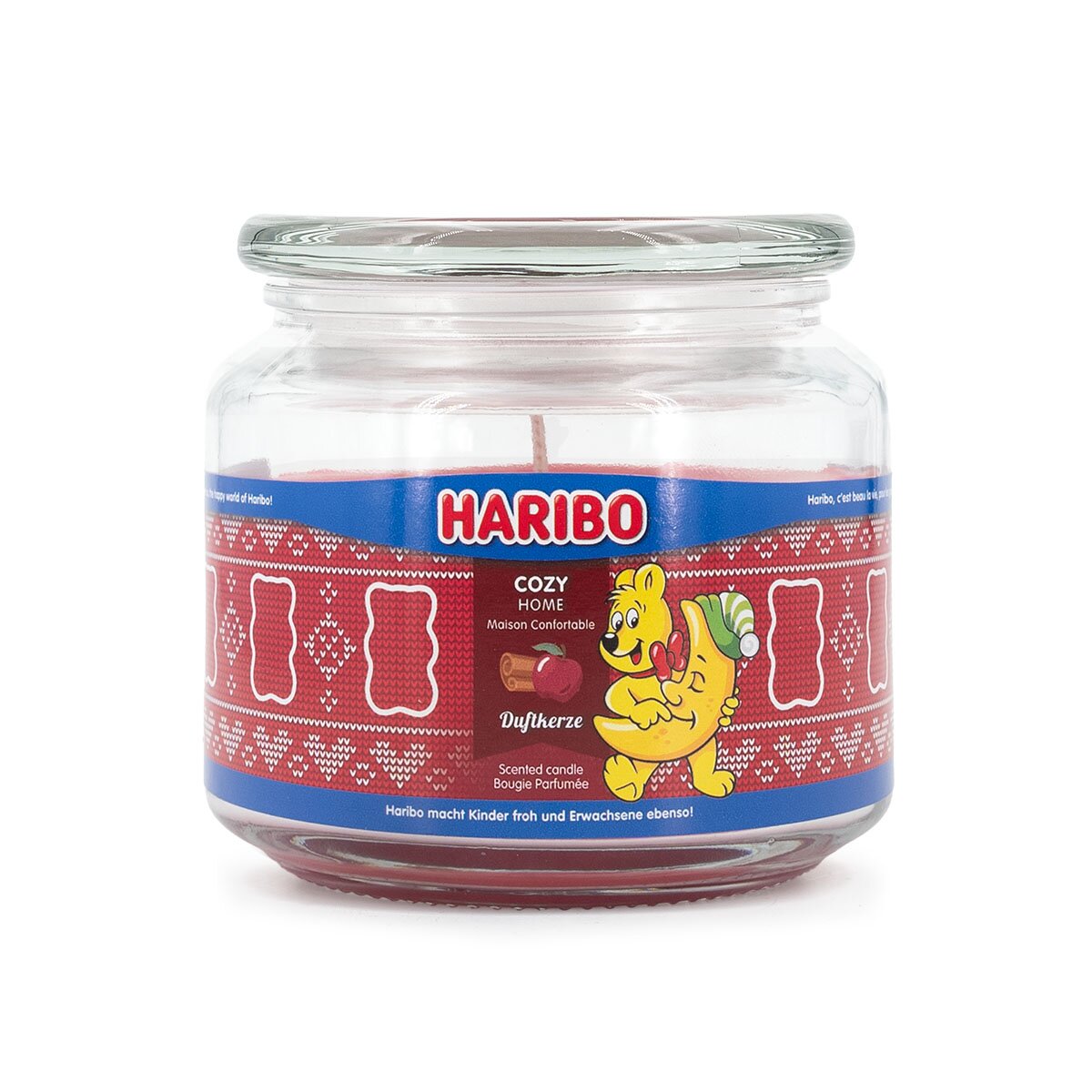 Haribo Duftkerze ‚Cozy Home‘ (300g) – offizielle Lizenzkerze mit weihnachtlichem Duft (Apfel, Zimt & Vanille). Vegane Geschenkidee für HARIBO-Fans und stylische Deko.