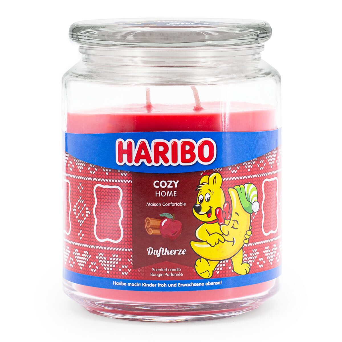 Haribo XXL-Duftkerze ‚Cozy Home‘ (510g) – offizielle Lizenzkerze mit fruchtigem Duft (Apfel, Zimt, Vanille). Liebevolles Design mit rotem Wachs. Ideal als dekoratives Stimmungslicht oder besondere Geschenkidee.