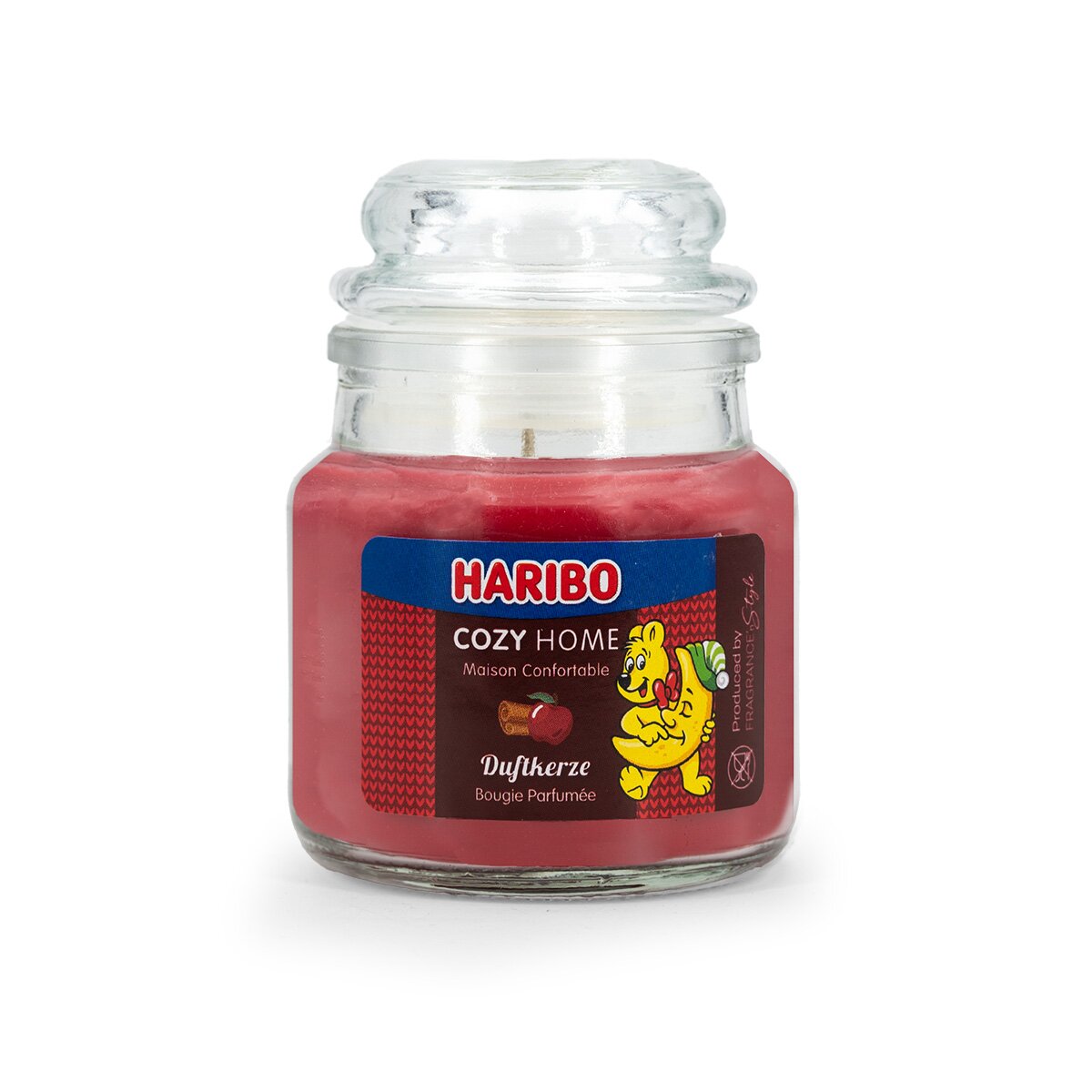 Haribo Mini-Duftkerze ‚Cozy Home‘ (85g) – offizielle Lizenzkerze mit fruchtigem Duft (Apfel, Zimt, Vanille). Gemütliches-Design mit rotem Wachs – vegane Geschenkidee für HARIBO-Fans oder stylische Deko.