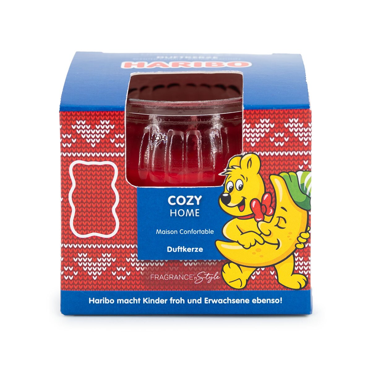 Haribo Mini-Duftkerze ‚Cozy Home‘ (85g) im Geschenkkarton – offizielle Lizenzkerze mit weihnachtlichem Duft. Liebevolles Design mit rotem Geschenkkarton – besonderes Weihnachtsgeschenk.