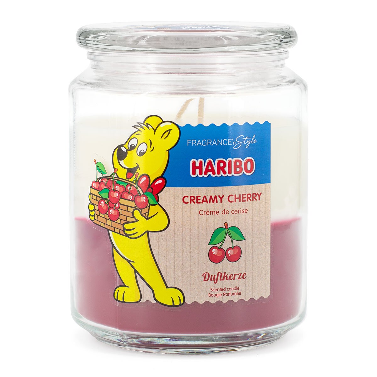Haribo XXL-Duftkerze ‚Creamy Cherry‘ (510g) – offizielle Lizenzkerze mit angenehmen Duft (Vanille, Cupcake & Kirsche). Freudiges Design mit rot-weißem Wachs. Luxuriöses Geschenk und stylische Deko.
