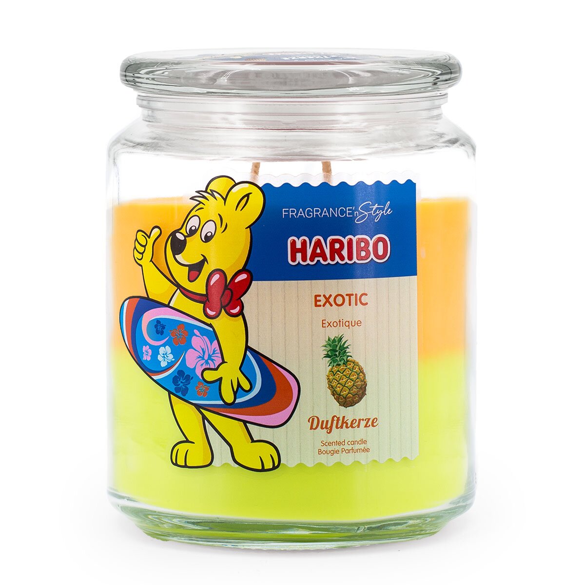 Haribo XXL-Duftkerze ‚Exotic‘ (510g) – offizielle Lizenzkerze mit Urlaubs-Duft (Ananas, Mango, Kokosnuss, Limette). Surf-Design mit grün-gelbem Wachs. Für Urlaubsmomente und als sommerliche Dekoration.