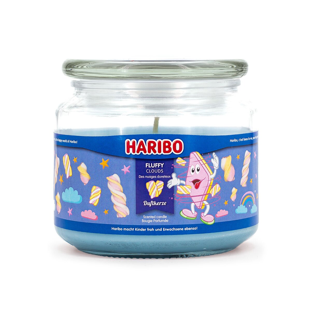 Haribo Mini-Duftkerze ‚Fluffy Clouds‘ (300g) – offizielle Lizenzkerze mit süßem Duft (Minze, Marshmallow, Vanille). Fröhliches Design mit blauem Wachs. Ideal für den Geburtstagstisch.