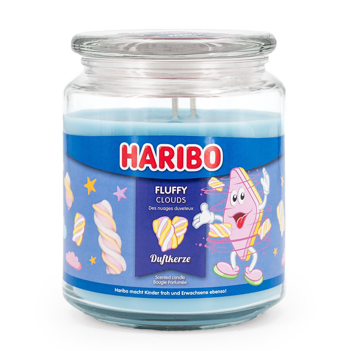 Haribo XXL-Duftkerze ‚Fluffy Clouds‘ (510g) – offizielle Lizenzkerze mit süßem Duft (Minze, Marshmallow, Vanille). Fröhliches Design mit blauem Wachs. Kreatives Geburtstagsgeschenk und Musst-have auf dem Geburtstagstisch