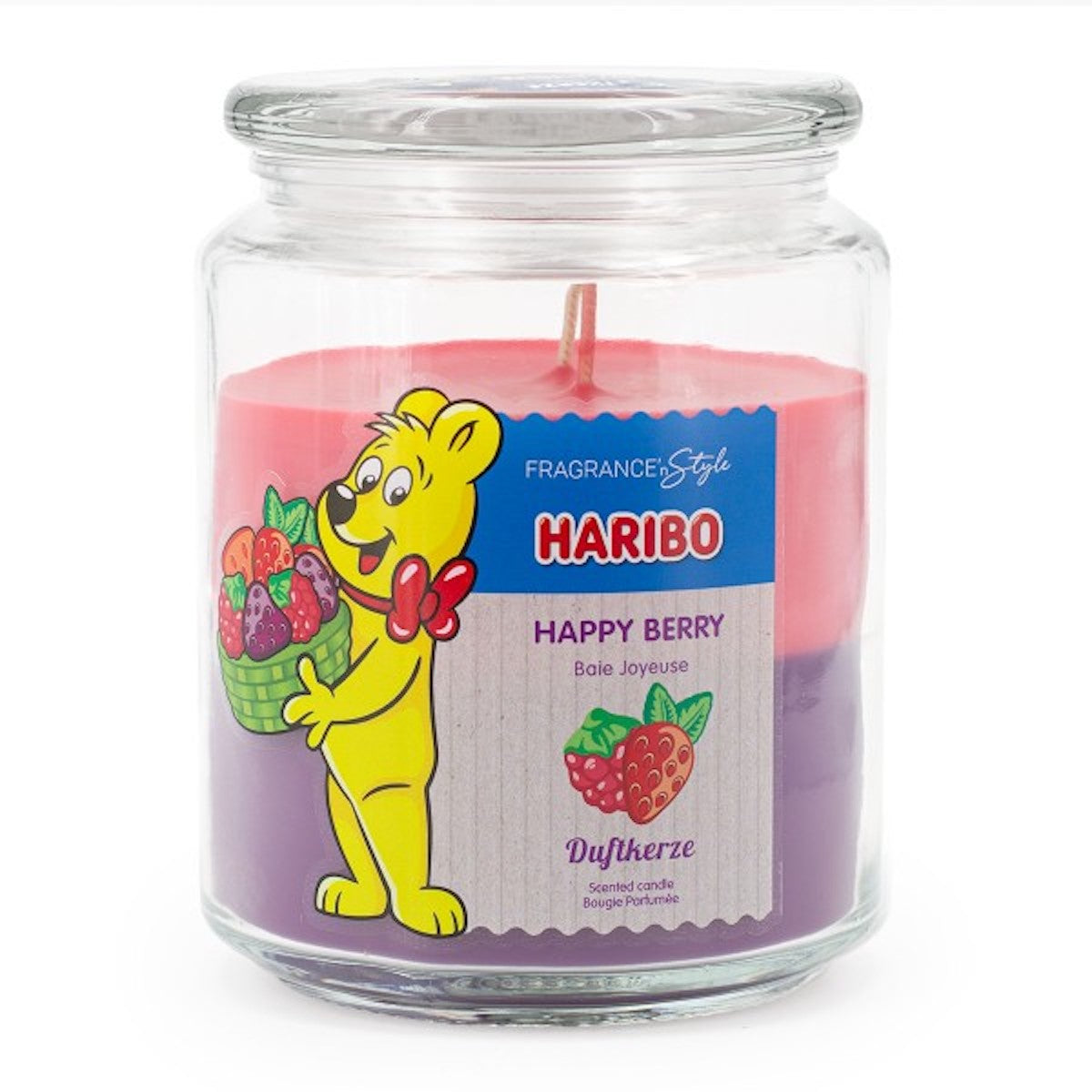 Haribo XXL-Duftkerze ‚Happy Berry‘ (510g) – offizielle Lizenzkerze mit beerigem Duft (Erdbeere, Waldbeere & Kirsche). Zwei Dochte und vegane Geschenkidee für HARIBO-Fans oder stylische Deko.