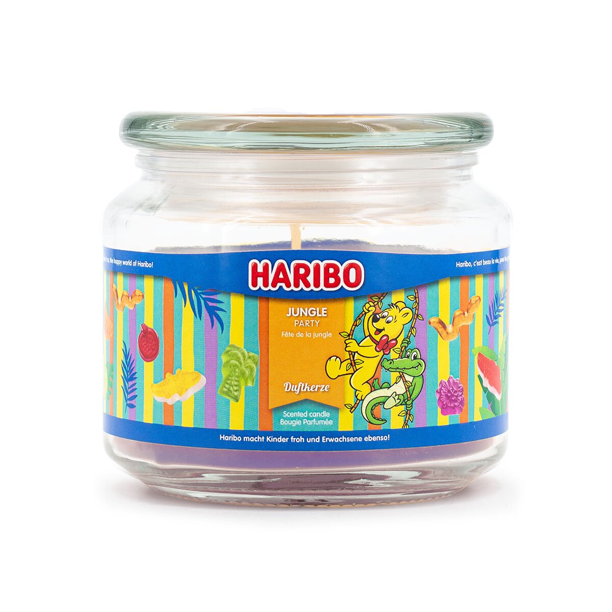 Haribo Duftkerze ‚Jungle Party‘ (300g) – offizielle Lizenzkerze mit fruchtigem Duft (Pfirsich, Kokosnuss & Passionsfrucht). Jungl -Design mit lila Wachs – vegane Geschenkidee für HARIBO-Fans und sommerliche Deko.
