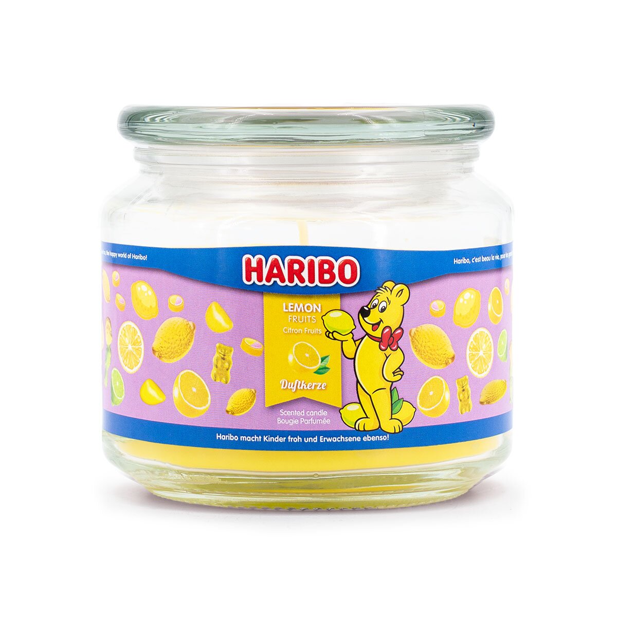 Haribo Duftkerze ‚Lemon Fruits‘ (300g) – offizielle Lizenzkerze mit erfrischendem Duft (Zitrone, Limette & Grapefruit). Besondere Geschenkidee, die vor Insekten schützt.