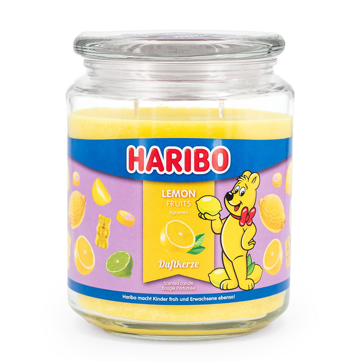Haribo XXL-Duftkerze ‚Lemon Fruits‘ (510g) – offizielle Lizenzkerze mit zitronigem Duft (Zitrone, Limette & Grapefruit). Farbenfrohes Design und originelle Geschenkidee, das Insekten vertreibt.