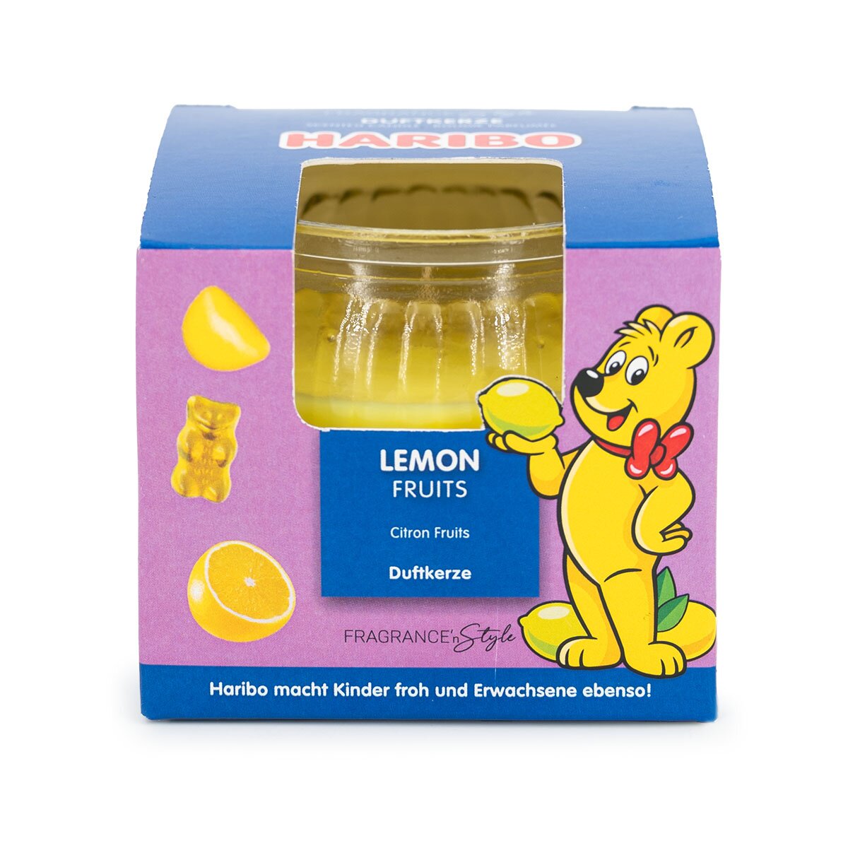 Haribo Mini-Duftkerze ‚Lemon Fruits‘ (85g) im Geschenkkarton – offizielle Lizenzkerze mit erfrischendem Duft. Besondere Geschenkidee, die im Sommer vor Insekten schützt.
