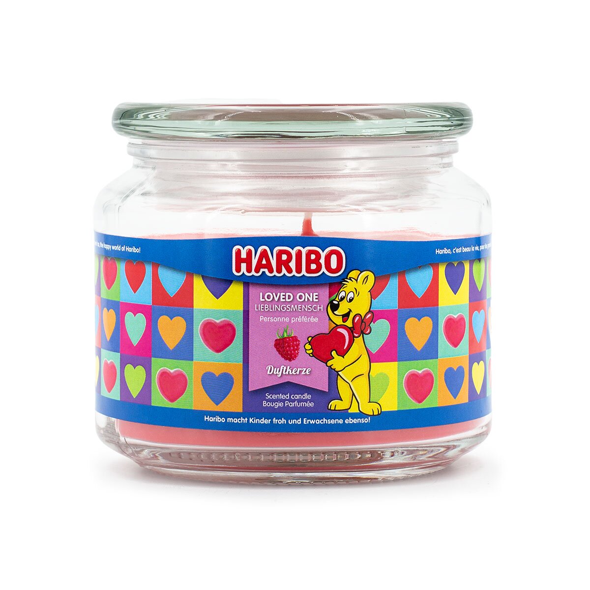 Haribo Duftkerze ‚Loved One‘ (300g) – offizielle Lizenzkerze mit beerigem Duft (Johannisbeere, Himbeere & Vanille). Romantisches Design und stylische Deko.