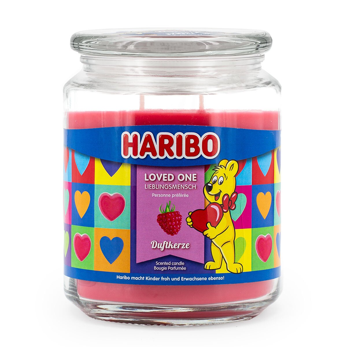 Haribo XXL-Duftkerze ‚Loved One‘ (510g) – offizielle Lizenzkerze mit fruchtigem Duft (Johannisbeere, Himbeere, Vanille). Buntes Herzen-Design und roter Wachs. Romantische Geschenkidee und liebevolle Dekoration.