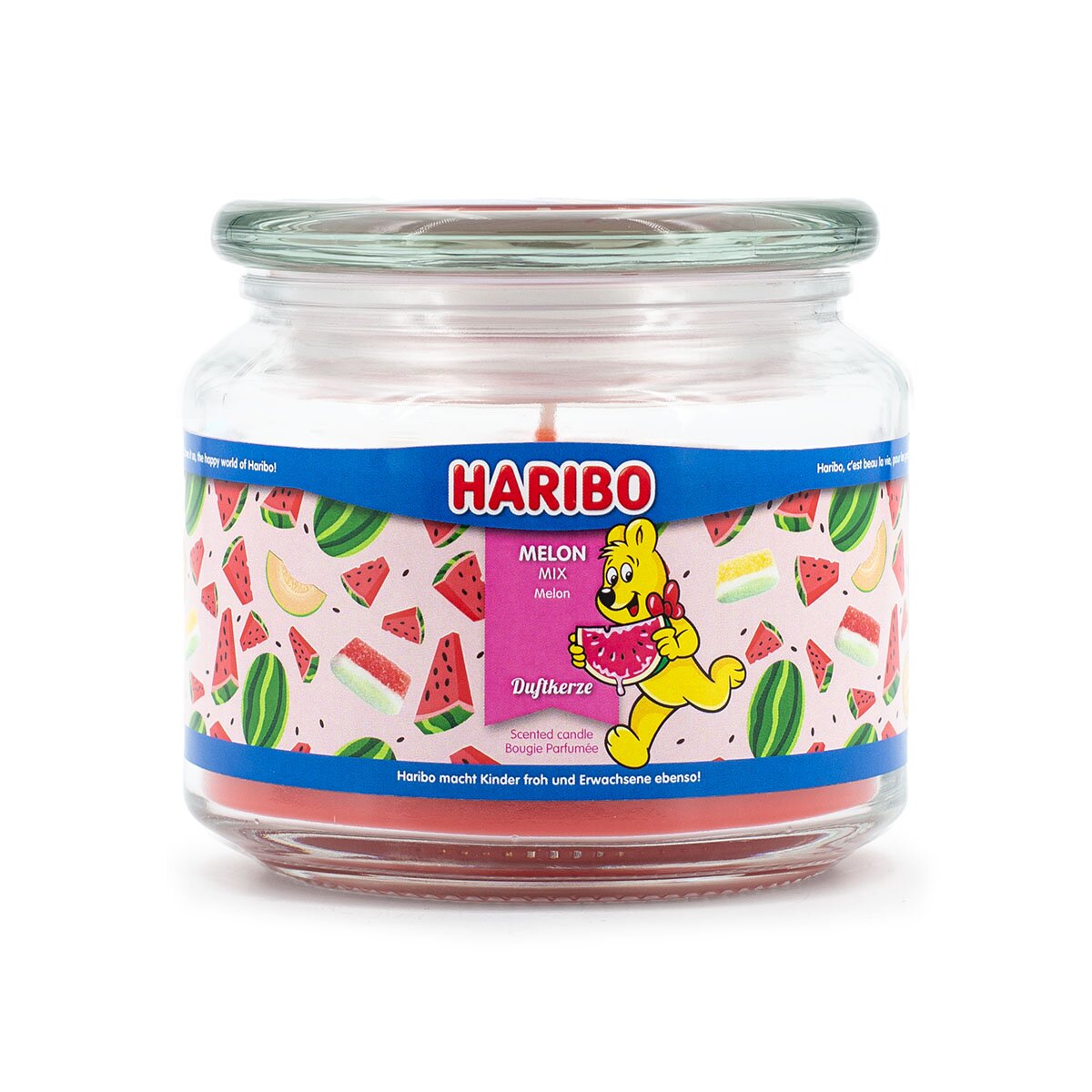 Haribo Duftkerze ‚Melon Mix‘ (300g) – offizielle Lizenzkerze mit sommerlichem Duft (Melone, Erdbeere & Pfirsich). Duftkerze im Glas mit angenehmen Duft und dekorativem Design.