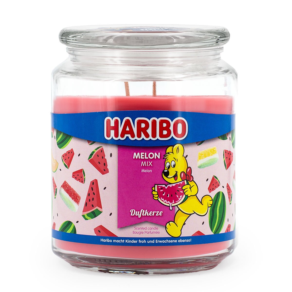 Haribo XXL-Duftkerze ‚Melon Mix‘ (510g) – offizielle Lizenzkerze mit fruchtigem Duft (Melone, Pfirsich, Erdbeeren). Fröhliches Design mit rotem Wachs. Sommer-Duft und dekoratives Wohnaccessoire.
