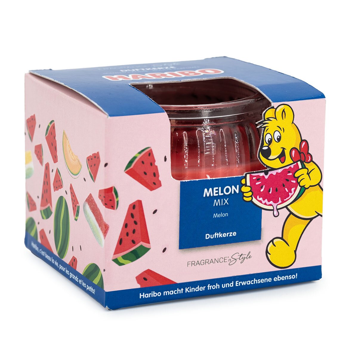 Haribo Mini-Duftkerze ‚Melon Mix‘ (85g) im Geschenkkarton – offizielle Lizenzkerze mit sommerlichem Duft. Fröhliches Design mit buntem Geschenkkarton. Besondere Geschenkidee und dekoratives Stimmungslicht.