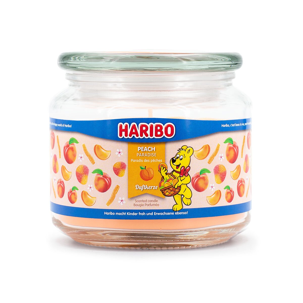 Haribo Duftkerze ‚Peach Paradise‘ (300g) – offizielle Lizenzkerze mit Sommer-Duft (Pfirsich, Orange, Grapefruit). Fröhliches Design mit orangenem Wachs – vegane Geschenkidee und besondere Deko.
