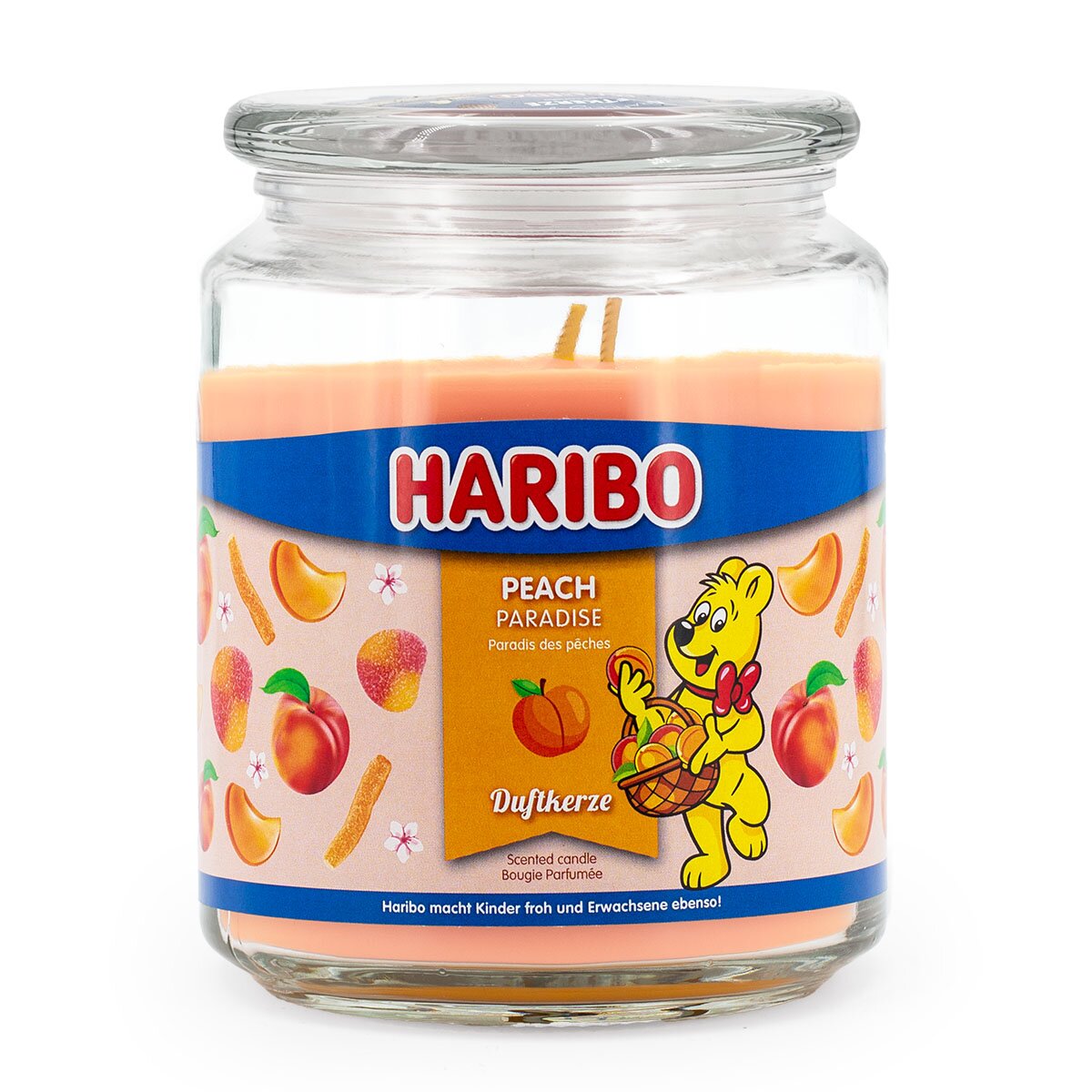 Haribo XXL-Duftkerze ‚Peach Paradise‘ (510g) – offizielle Lizenzkerze mit sommerlichem Duft (Pfirsich, Orange, Grapefruit). Fröhliches Design mit orangenem Wachs. Originelle Geschenkidee und stylische Deko