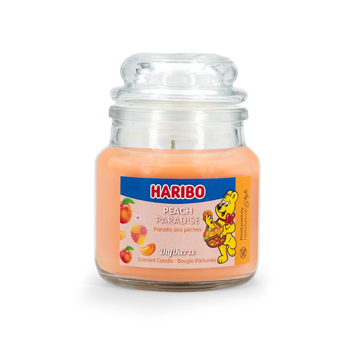 Haribo Mini-Duftkerze ‚Peach Paradise‘ (85g) – offizielle Lizenzkerze mit fruchtigem Duft (Pfirsich, Orange, Grapefruit). Sommerliches Design mit orangenem Wachs – kreative Geschenkidee für HARIBO-Fans oder stylische Deko.