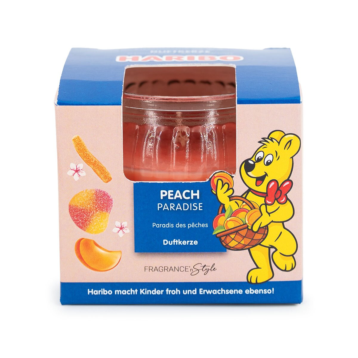 Haribo Mini-Duftkerze ‚Peach Paradise‘ (85g) im Geschenkkarton – offizielle Lizenzkerze mit fruchtigem Duft (Pfirsich, Orange, Grapefruit). Fröhliches Design mit sommerlichem Geschenkkarton. Perfekte Geschenkidee für jeden Anlass.