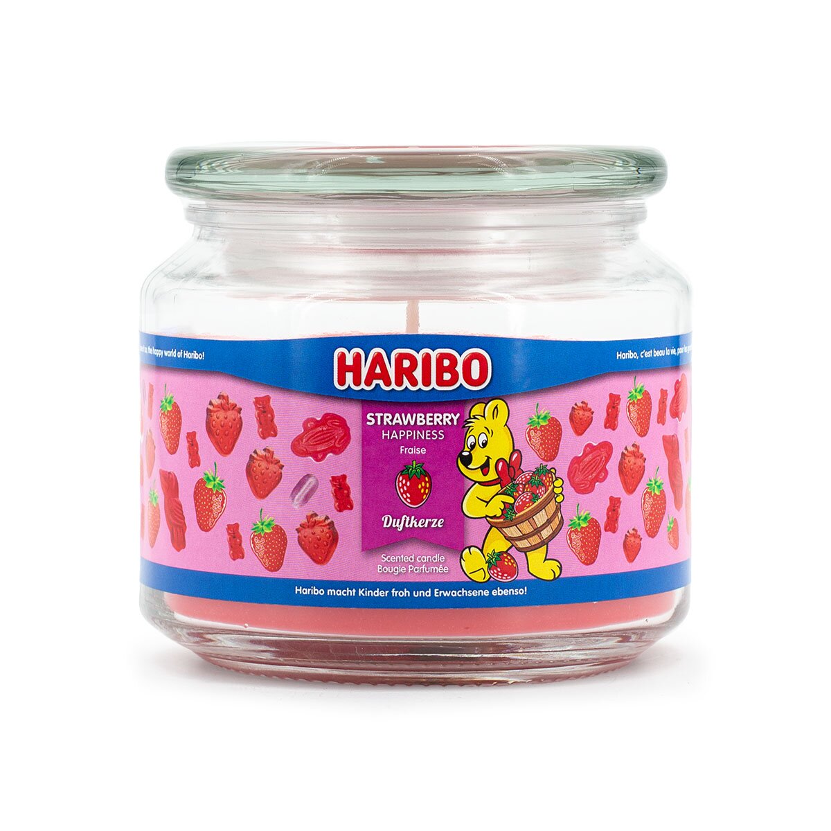 Haribo Duftkerze ‚Strawberry Happiness‘ (300g) – offizielle Lizenzkerze mit fruchtigem Duft (Erdbeere, Orange & Apfel). Sommer-Design mit rotem Wachs. Kreative Geschenkidee für HARIBO-Fans und stylische Deko.