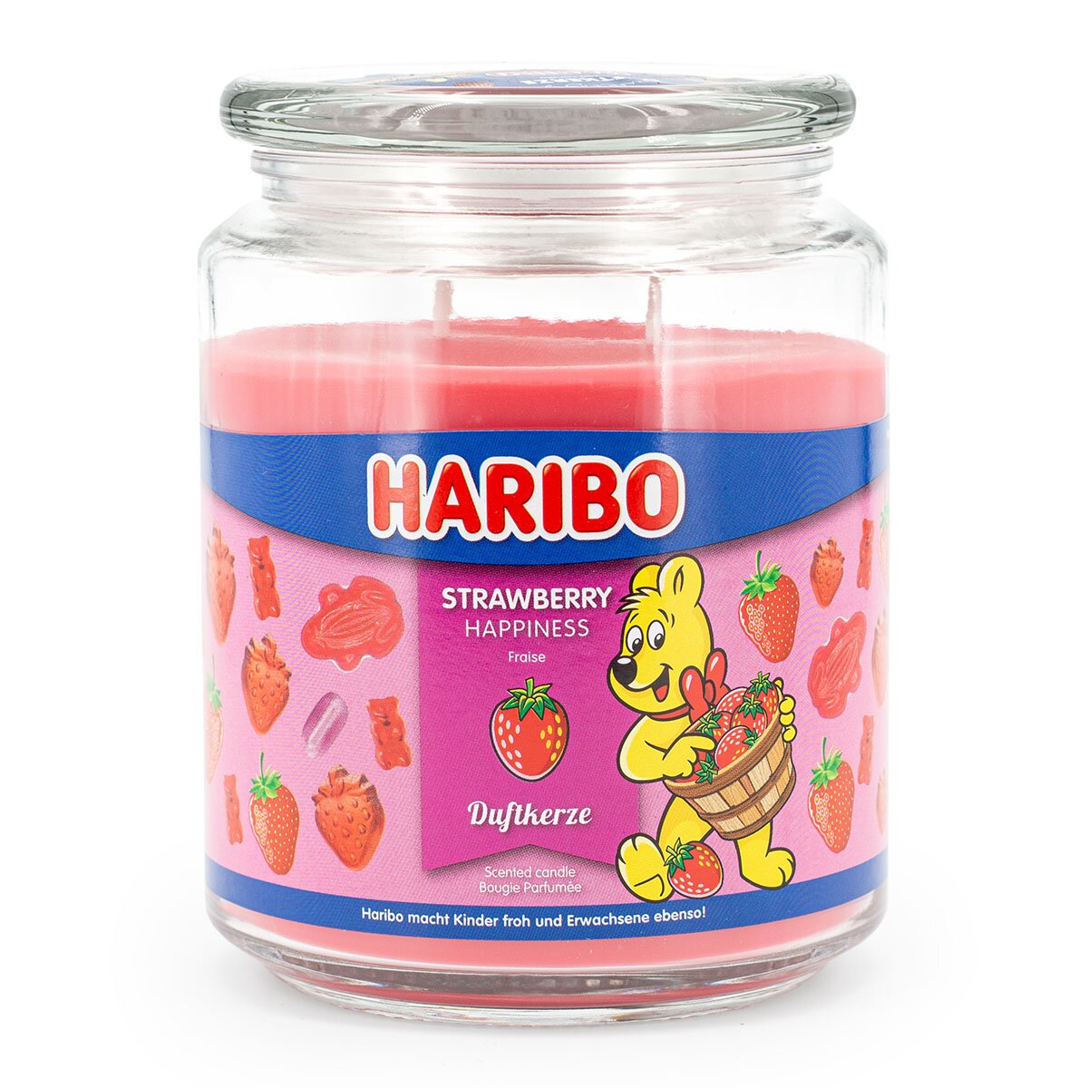 Haribo XXL-Duftkerze ‚Strawberry Happiness‘ (510g) – offizielle Lizenzkerze mit fruchtigem Duft (Kirsche, Orange & Karamell). Fröhliches Design mit rotem Wachs. Originelles Geschenk und duftende Deko.