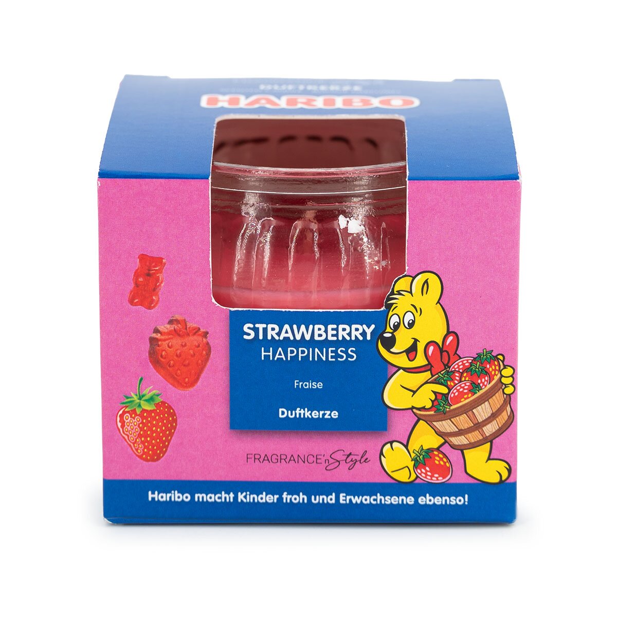 Haribo Mini-Duftkerze ‚Strawberry Happiness‘ (85g) im Geschenkkarton – offizielle Lizenzkerze mit fruchtigem Duft (Erdbeere, Apfel & Orange). Durch den pinken Geschenkkarton eignet sich die Kerze ideal als kreatives Geschenk.