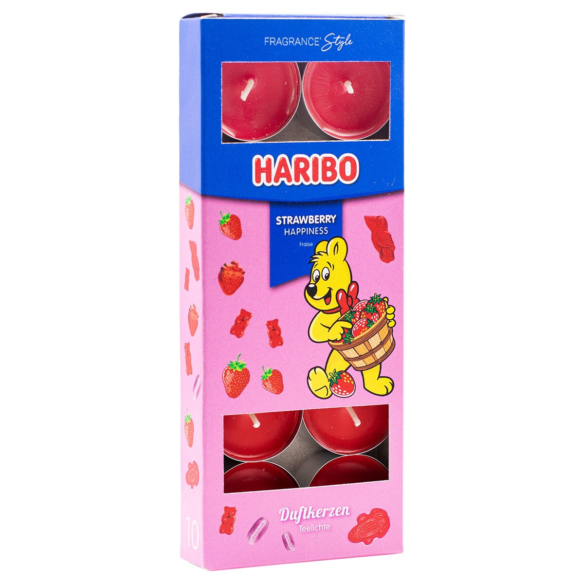 Haribo Teelichter ‚Strawberry Happiness‘ (10x10g) im sommerlichen Geschenkkarton – offizielle Lizenzteelichter mit fruchtigem Duft. Sommerliches Design mit Goldbär und Erdbeeren – besonderes Geschenk.