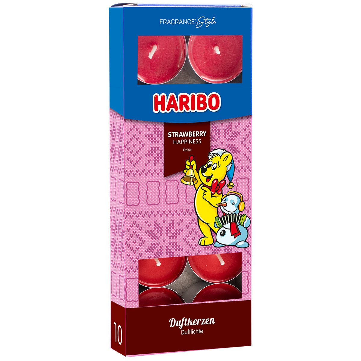 Haribo Teelichter ‚Strawberry Happiness‘ (10x10g) im weihnachtlichen Geschenkkarton – offizielle Lizenzteelichter mit fruchtigem Duft. Winterliches Design mit Goldbär und Schneemann – besonderes Weihnachtsgeschenk.