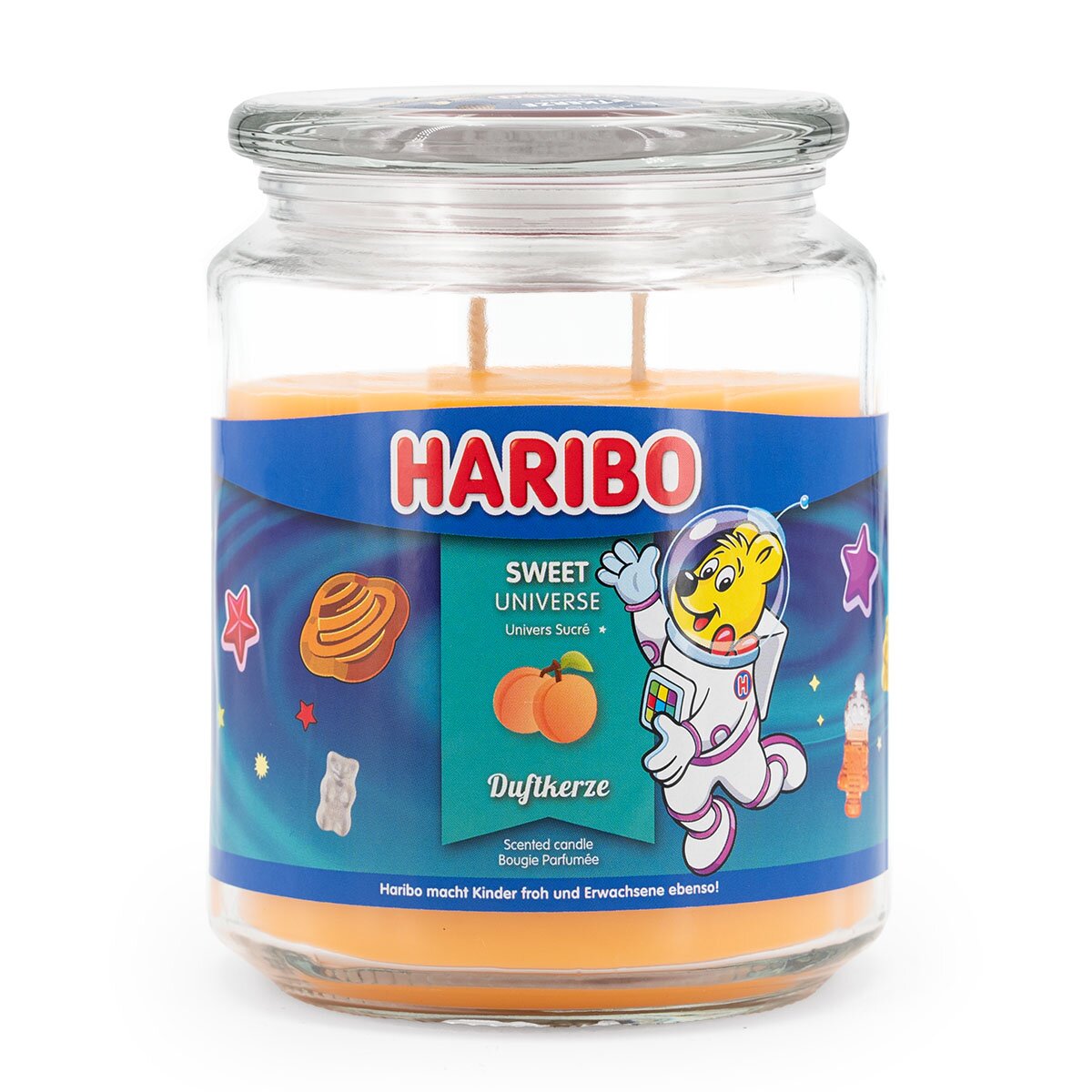 Haribo XXL-Duftkerze ‚Sweet Universe‘ (510g) – offizielle Lizenzkerze mit fruchtigem Duft (Apfel, Orange & Bergamotte). Weltraum-Design mit orangenem Wachs – vegane Geschenkidee für HARIBO-Fans oder stylische Deko.
