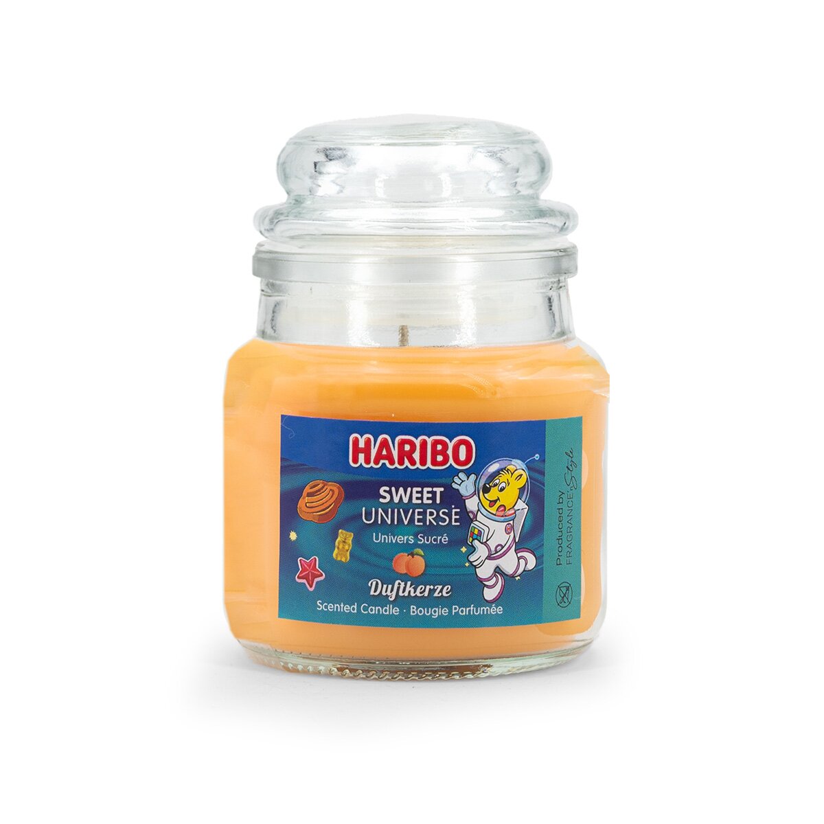 Haribo Mini-Duftkerze ‚Sweet Universe‘ (85g) – offizielle Lizenzkerze mit fruchtigem Duft (Apfel, Orange & Bergamotte). Weltraum-Design mit orangenem Wachs – vegane Geschenkidee für HARIBO-Fans oder stylische Deko.