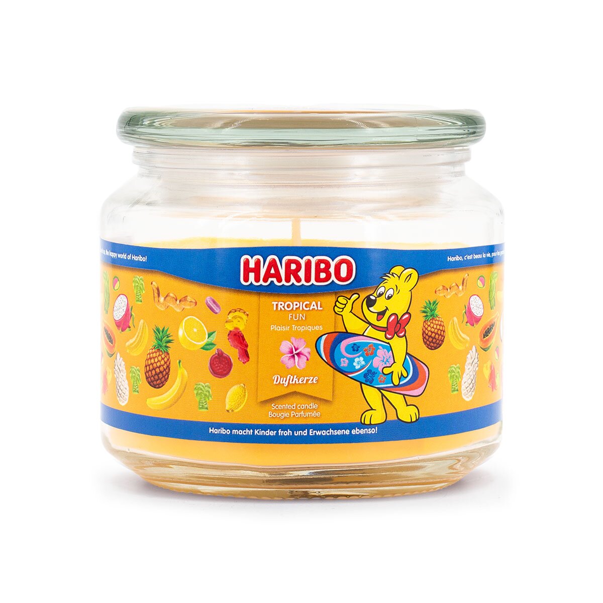 Haribo Duftkerze ‚Tropical Fun‘ (300g) – offizielle Lizenzkerze mit fruchtigem Duft (Limette, Apfel & Ananas). Paradiesisches Design mit orangenem Wachs – vegane Geschenkidee für HARIBO-Fans oder stylische Deko.