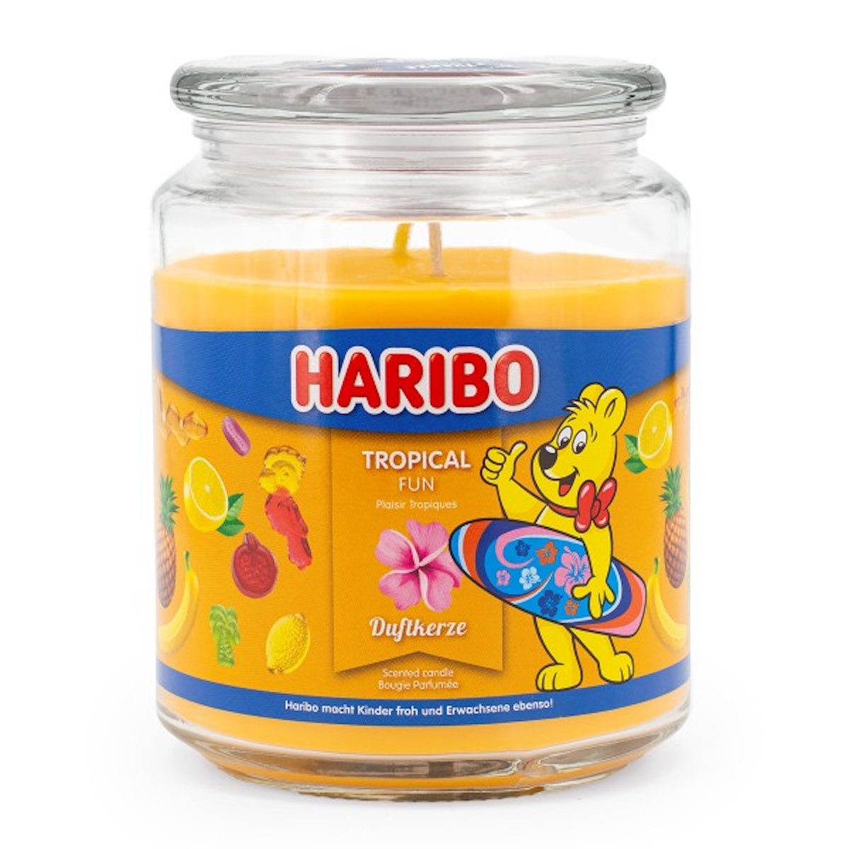 Haribo XXL-Duftkerze ‚Tropical Fun‘ (510g) – offizielle Lizenzkerze mit fruchtigem Duft (Limette, Apfel & Ananas). Sommer-Design mit orangenem Wachs. Originelle Geschenkidee und wohltuender Duft.