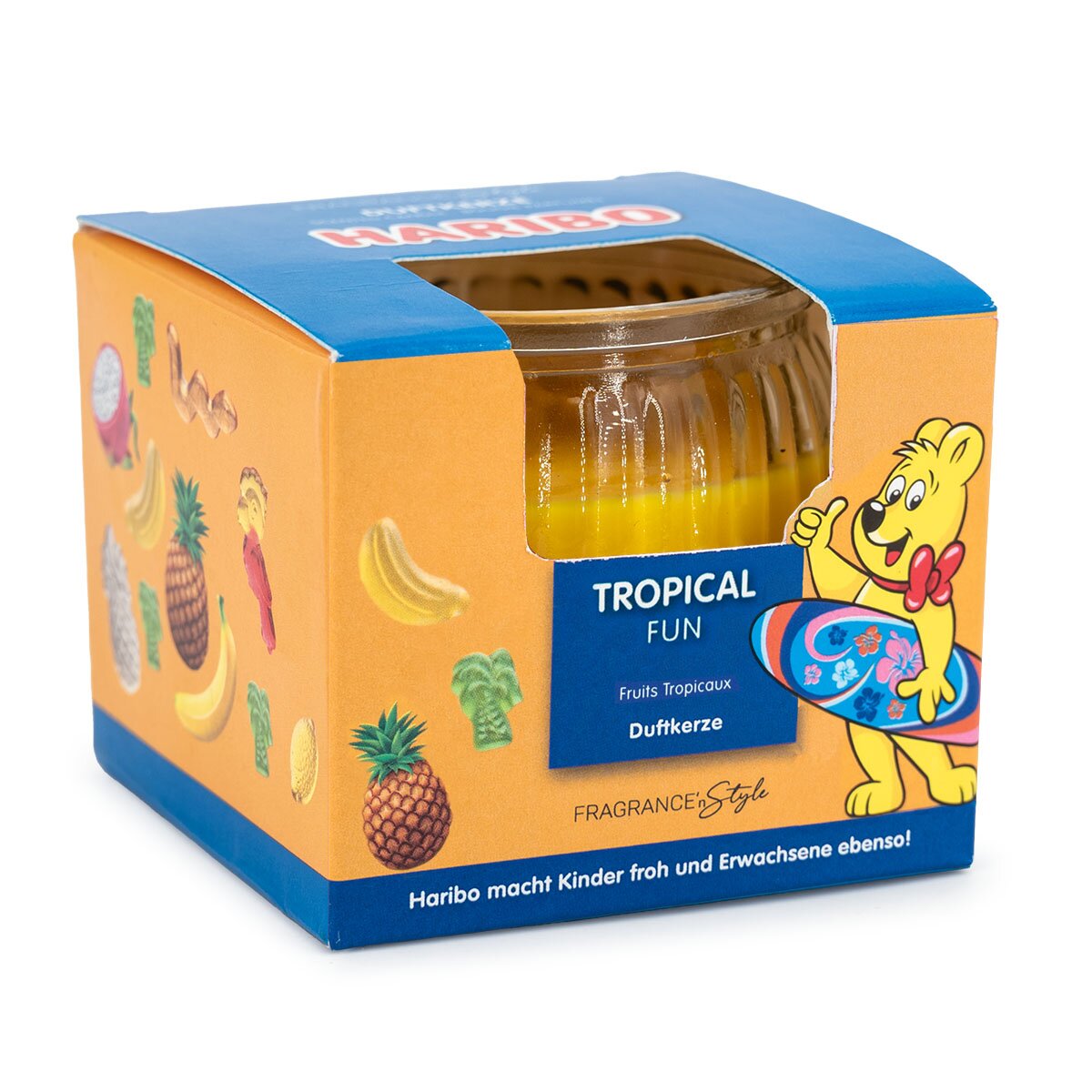 Haribo Mini-Duftkerze ‚Tropical Fun‘ (85g) im Geschenkkarton – offizielle Lizenzkerze mit fruchtigem Duft (Limette, Apfel, Ananas). Paradiesisches Design mit orangenem Geschenkkarton, kreative Geschenkidee.