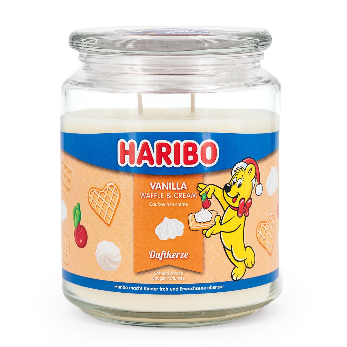 Haribo XXL-Duftkerze ‚Vanilla Waffle & Cream‘ (510g) – offizielle Lizenzkerze mit süßem Duft (Vanille, Buttercreme, Kokosnuss). Weihnachts-Design mit weißem Wachs. Originelles Weihnachtsgeschenk und stylische Deko.