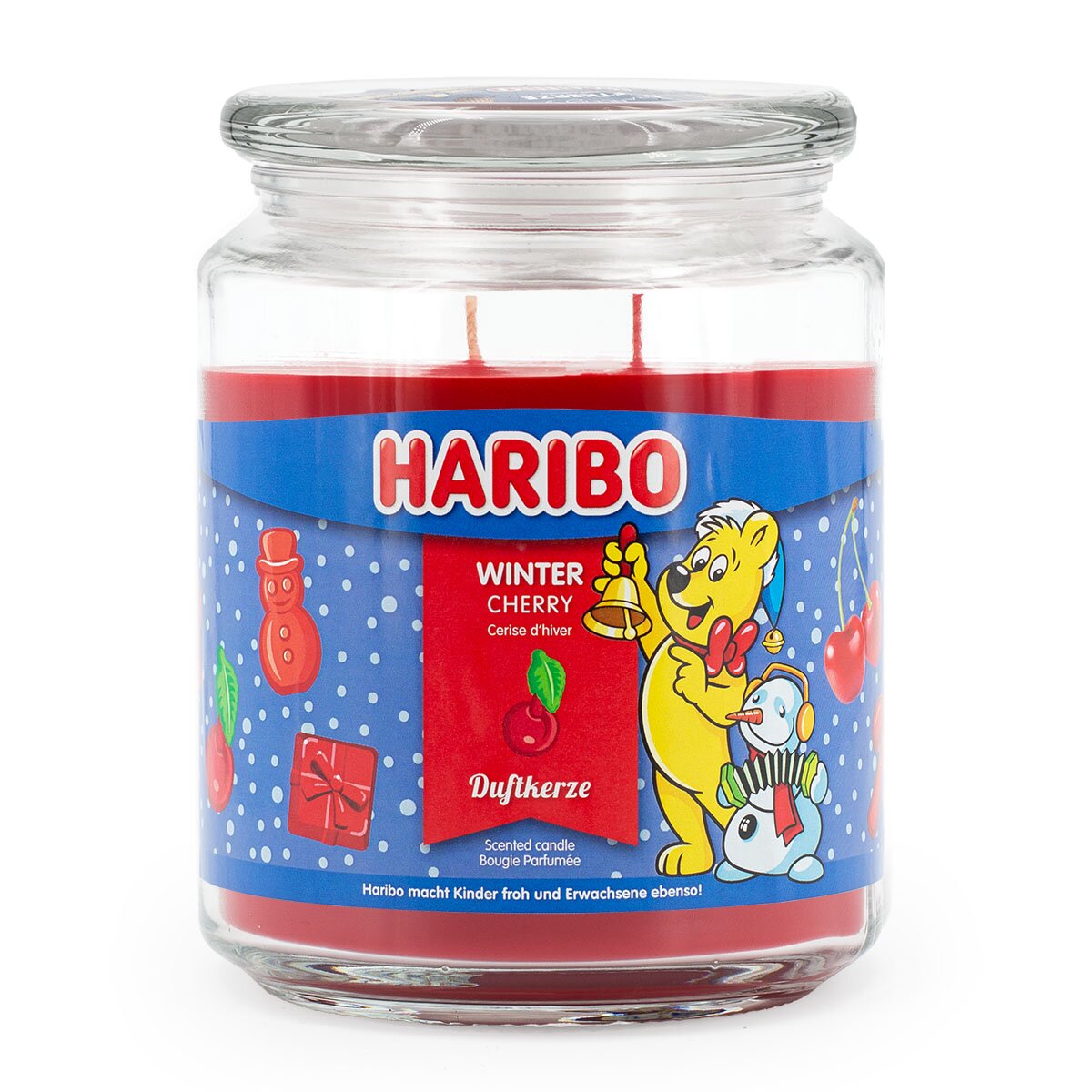 Haribo XXL-Duftkerze ‚Winter Cherry‘ (510g) – offizielle Lizenzkerze mit fruchtigem Duft (Kirsche, Orange & Karamell). Weihnachts-Design mit rotem Wachs. Originelles Weihnachtsgeschenk oder stylische Deko.