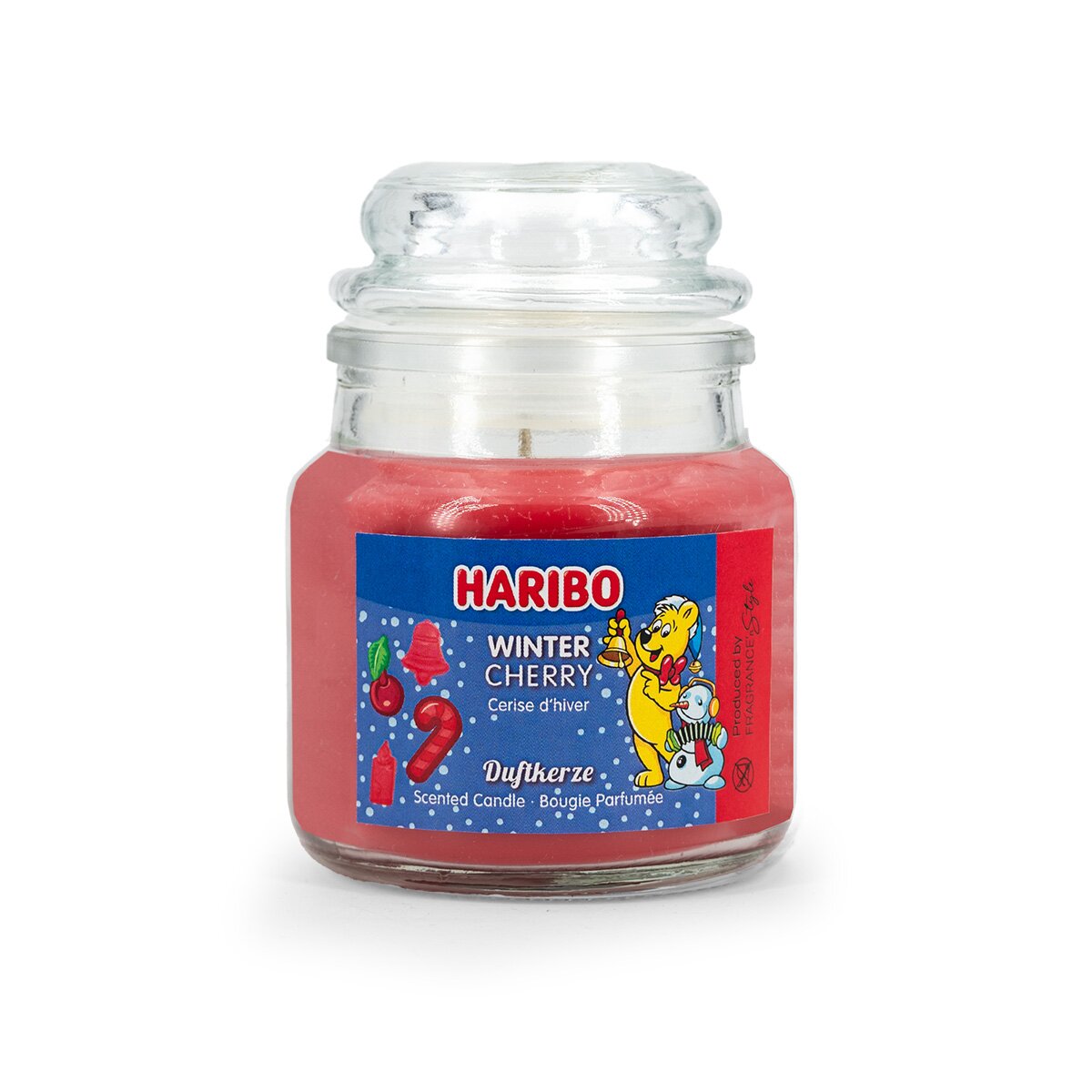 Haribo Mini-Duftkerze ‚Winter Cherry‘ (85g) – offizielle Lizenzkerze mit süßem Duft (Kirsche, Orange, Karamell). Weihnachtliches Design mit rotem Wachs – kreatives Weihnachtsgeschenk und weihnachtliche Deko.