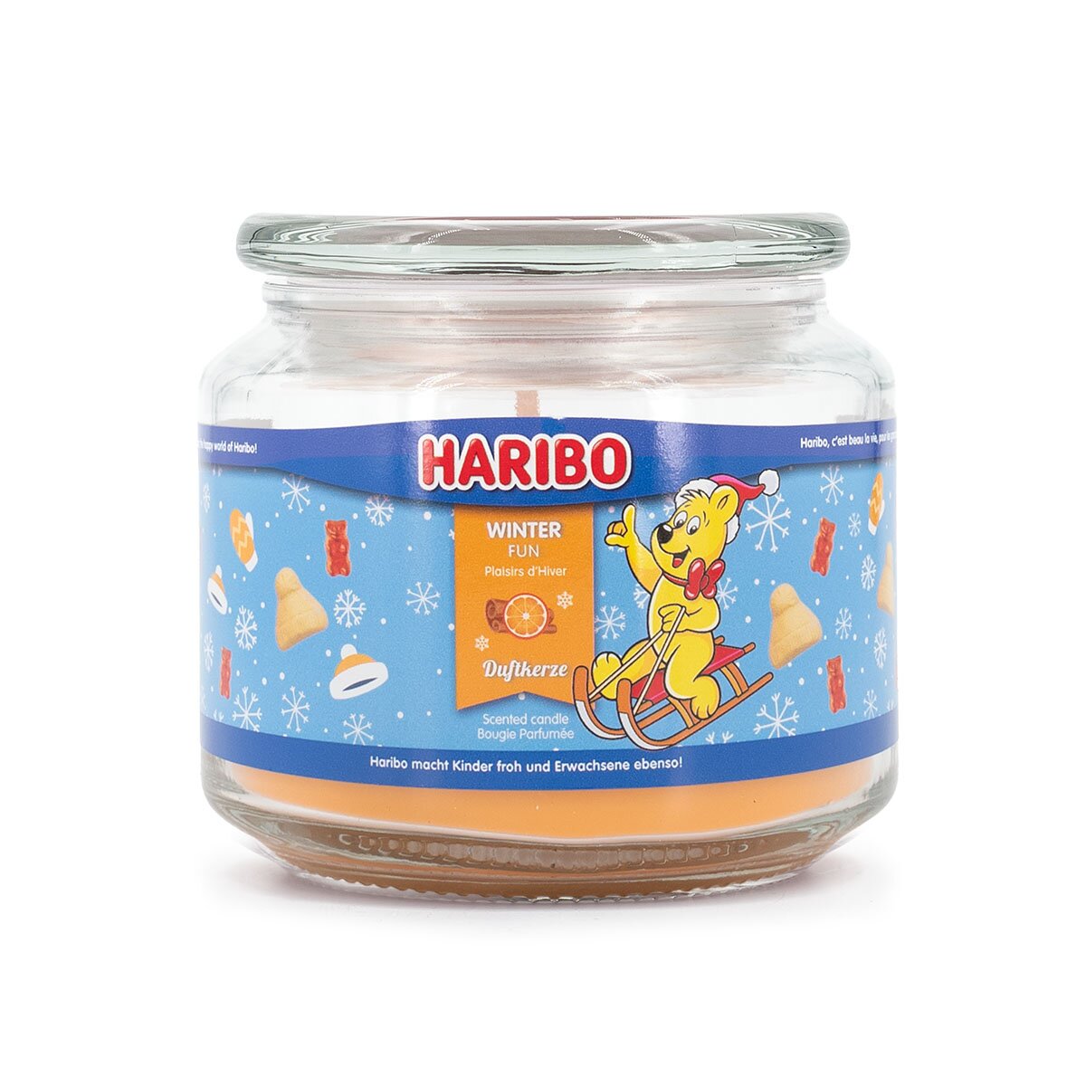 Haribo Duftkerze ‚Winter Fun‘ (300g) – offizielle Lizenzkerze mit weihnachtlichem Duft (Orange, Zimt & Pfirsich). Winter-Design mit orangenem Wachs – veganes Weihnachtsgeschenk und stylische Deko.