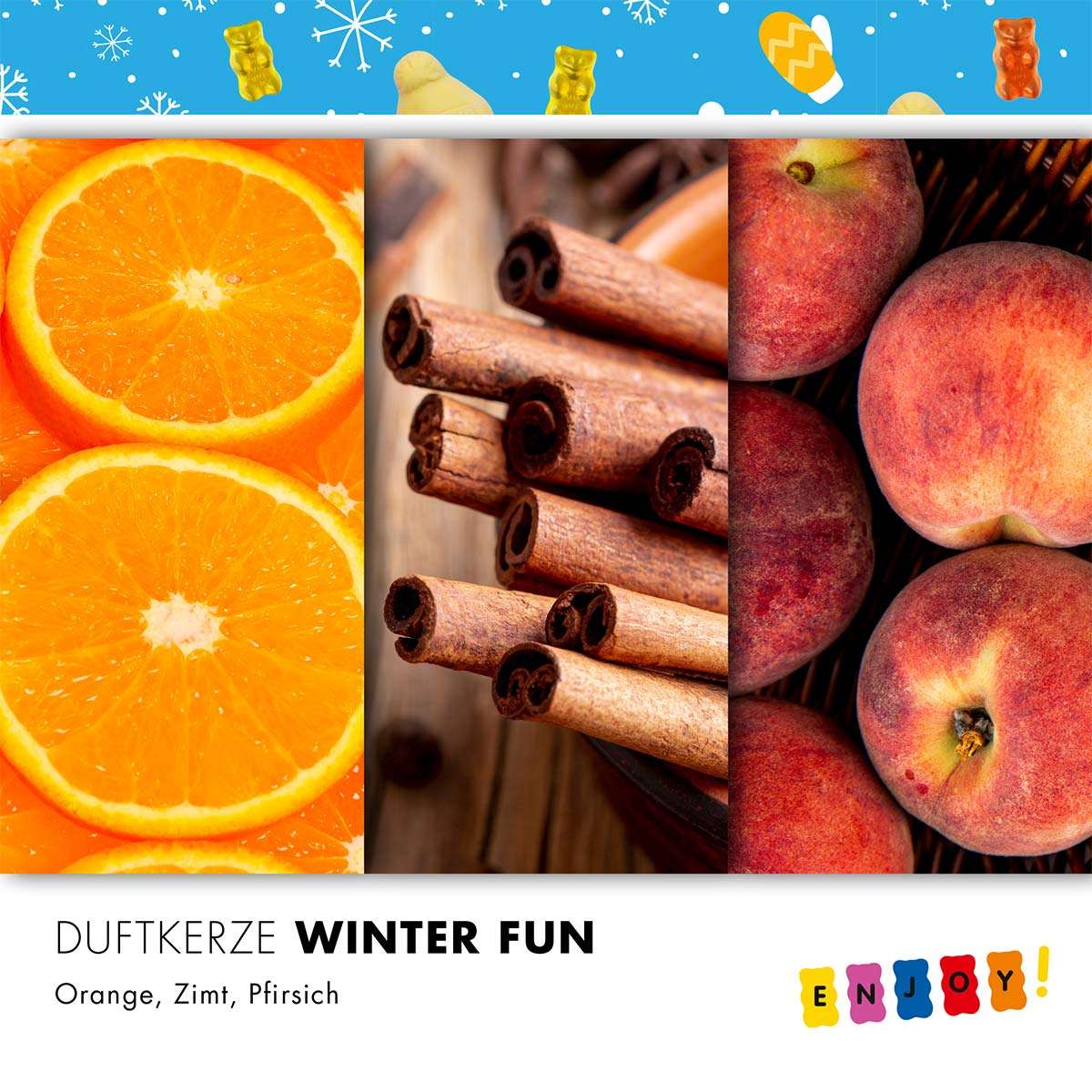 Haribo Duftkerze ‚Winter Fun‘ – offizielle Lizenzkerze mit den Duftnoten: Orange, Zimt, Pfirsich. Lustiges Weihnachtsgeschenk und besondere Winterdekoration