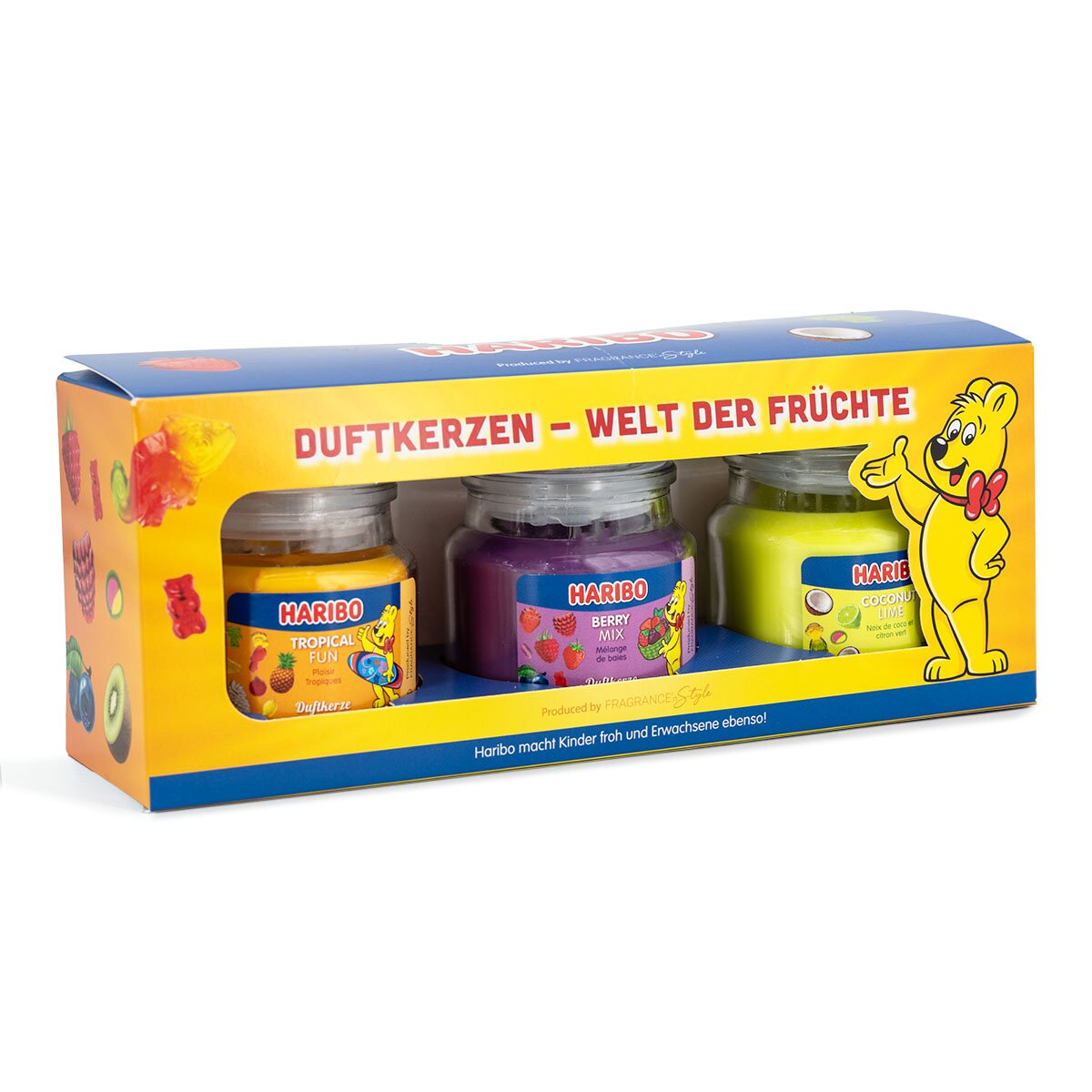 Haribo Duftkerzenset ‚Fruit Power‘ mit drei 85g Kerzen: Tropical Fun, Berry Mix & Coconuts lime, vegan  und eine kreative Geschenkidee.
