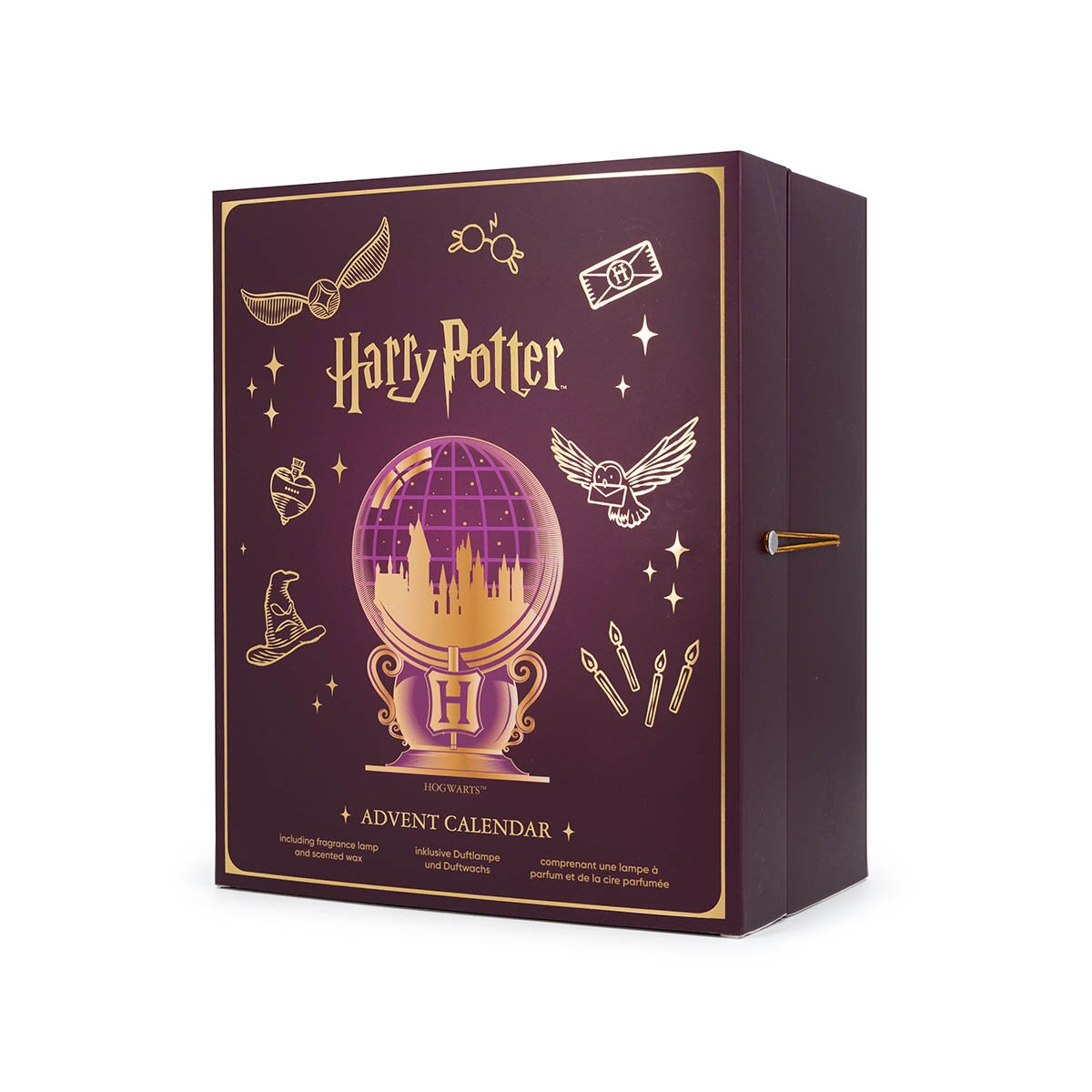 Geschlossener Harry Potter Adventskalender mit 24 veganen Duftwachsen und einer Teelicht-Duftlampe. Seitliche Ansicht des weinroten Kalenders mit den typischen Harry Potter Motiven.
