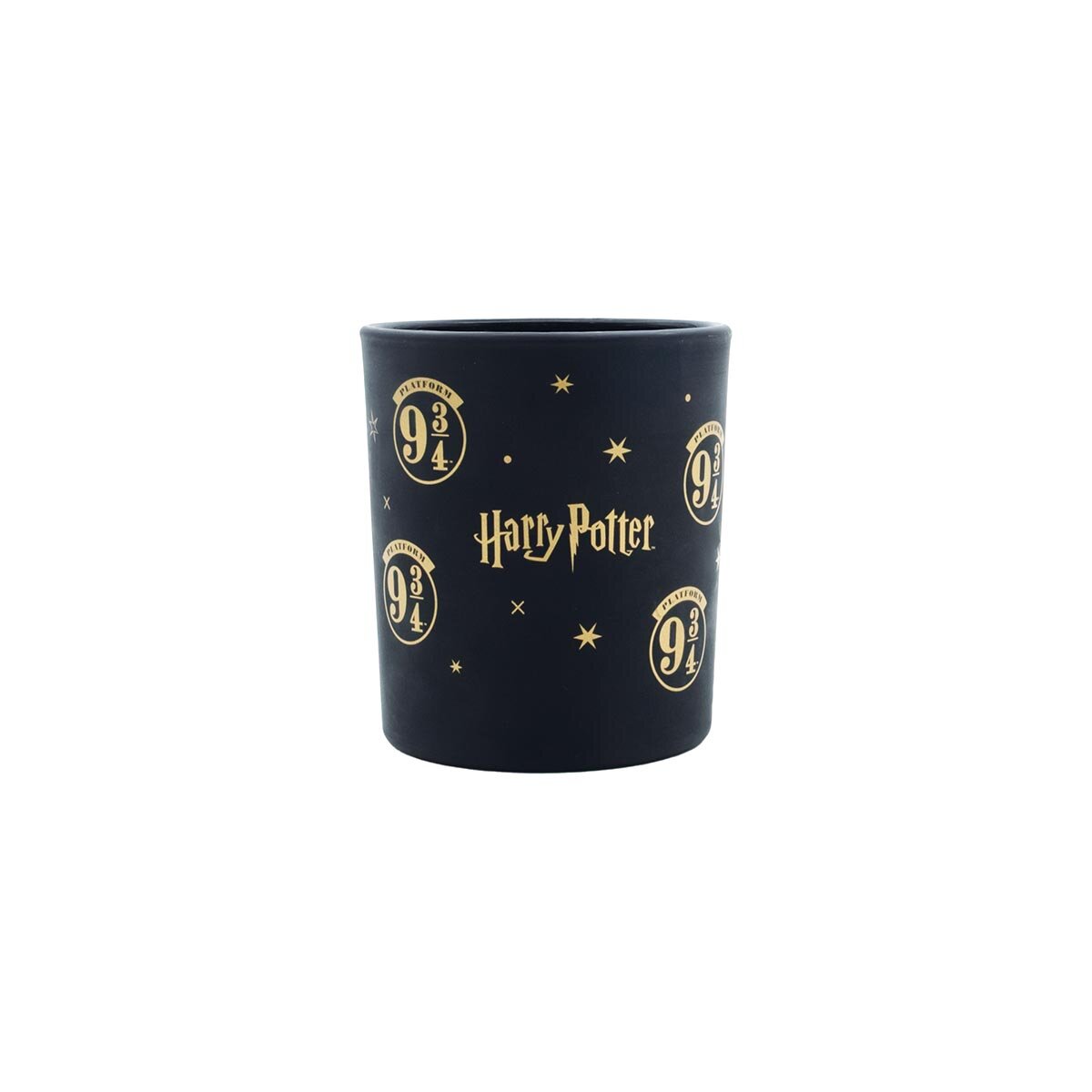Harry Potter Duftkerze ‚9 3/4 Black‘ (135g) – Rückseite der schwarzen, offiziellen Lizenzkerze mit goldenem Harry-Potter-Schriftzug – perfekte Deko sowie Geschenkidee für Harry Potter-Fans.