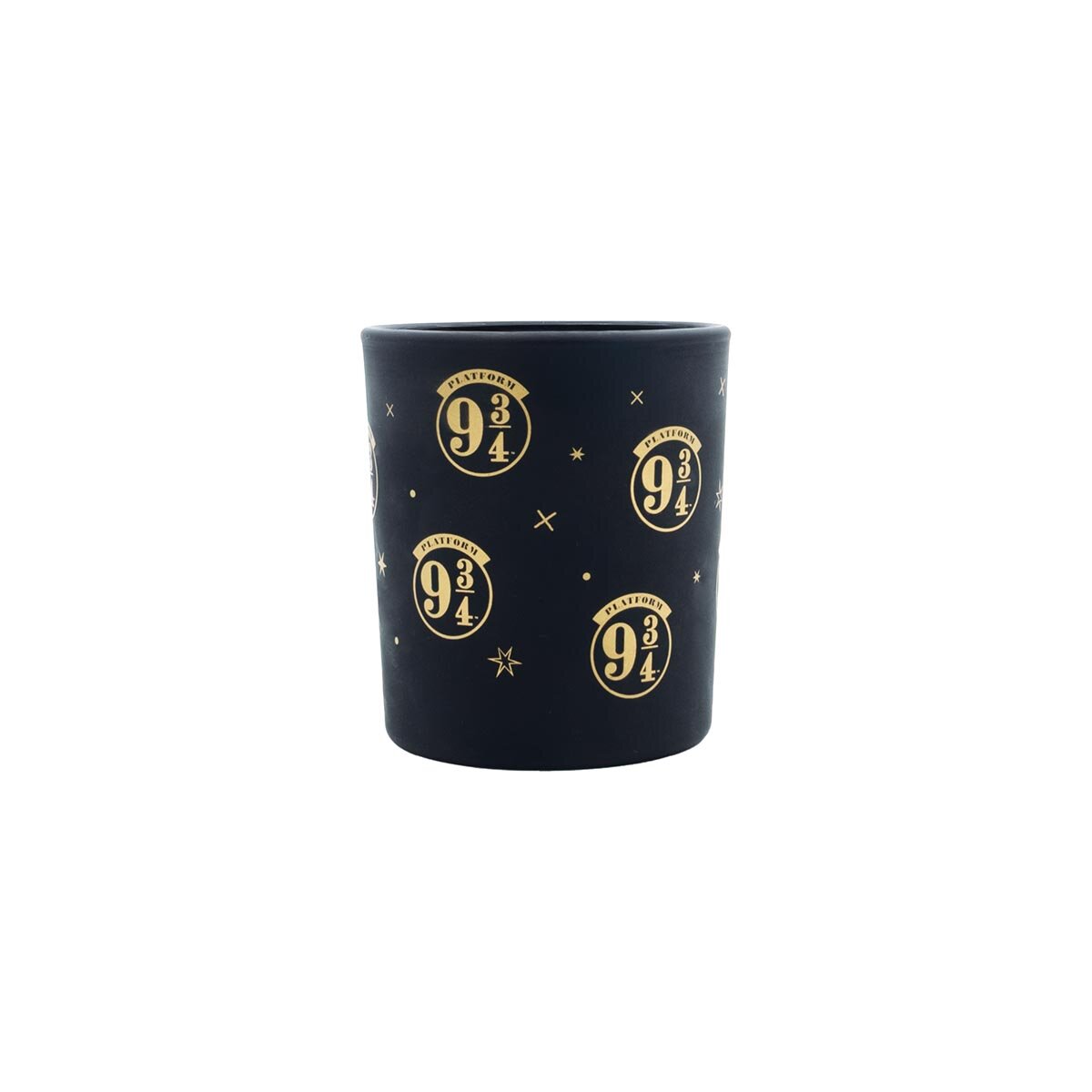 Harry Potter Duftkerze ‚9 3/4 Black‘ (135g) – Vorderseite der schwarzen, offiziellen Lizenzkerze mit goldenen Motiven der Platform 9 3/4. Dem Zuggleis nach Hogwarts. Ideale Deko sowie Geschenkidee für Harry Potter-Fans.