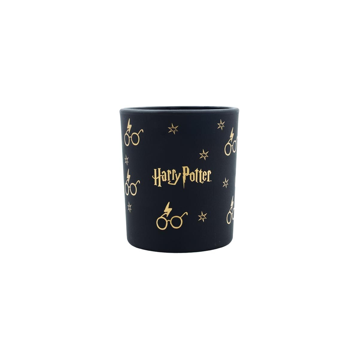 Harry Potter Duftkerze ‚Glasses Black‘ (135g) – Rückseite der schwarzen, offiziellen Lizenzkerze mit goldenem Harry-Potter-Brille und Blitzen – perfekte Deko sowie Geschenkidee für Harry Potter-Fans.
