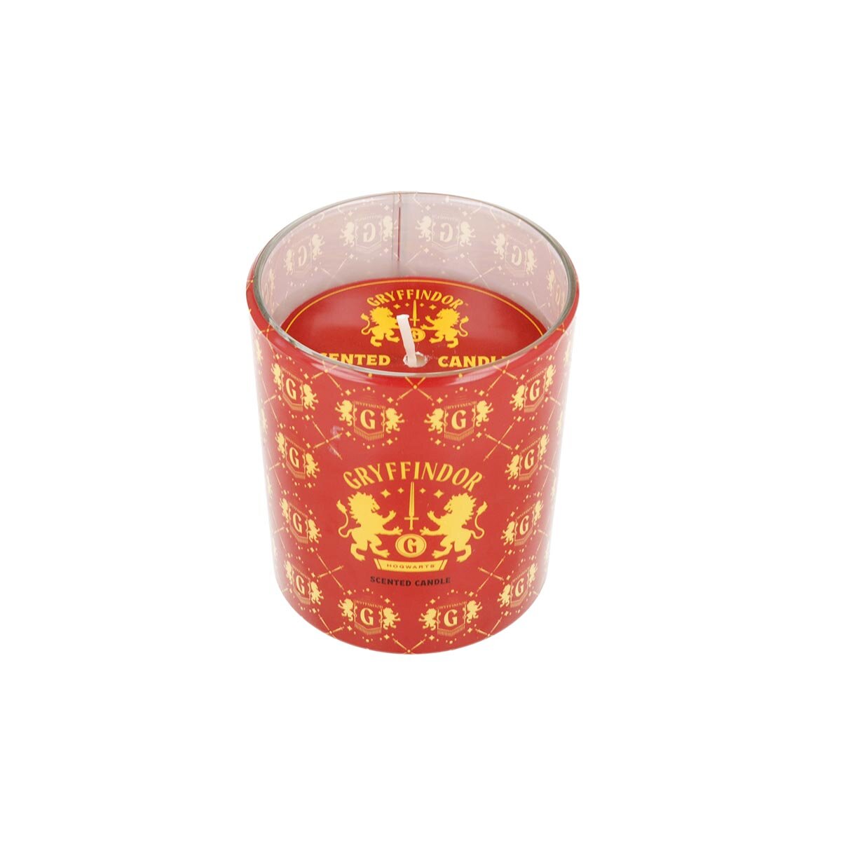Harry Potter-Duftkerze Gryffindor (135g) in rot-gelbem Glas mit gelben Löwen und Gryffindor-Wappen. Weißer Docht und Wachs.