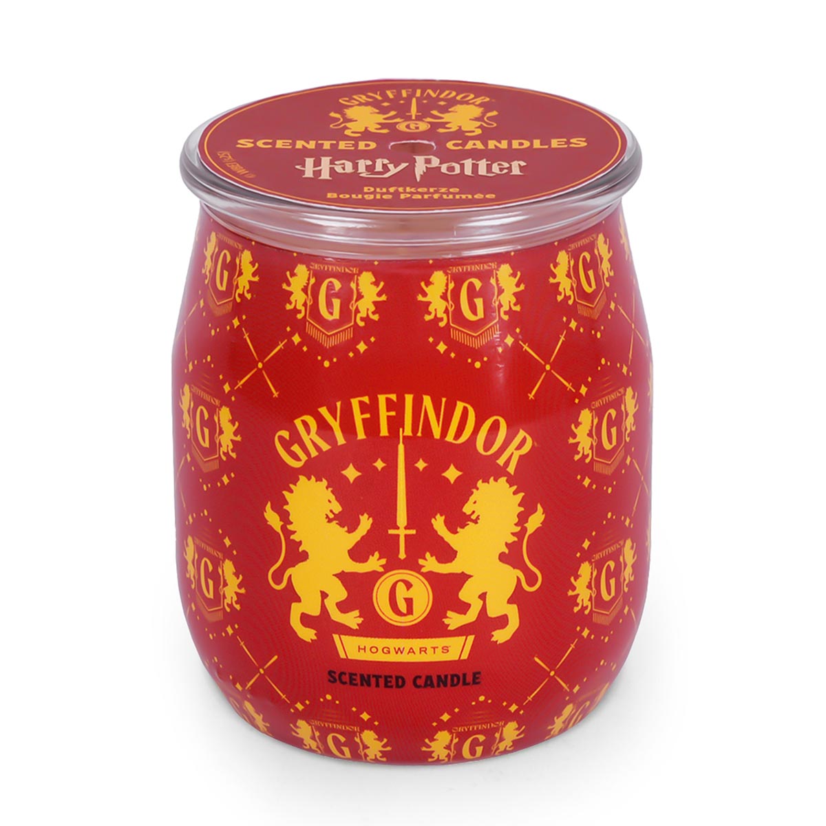 Lizensierte Harry Potter-Duftkerze Gryffindor (90g) in rot-gelben Glas mit gelben Schriftzug und Löwen-Wappen.
