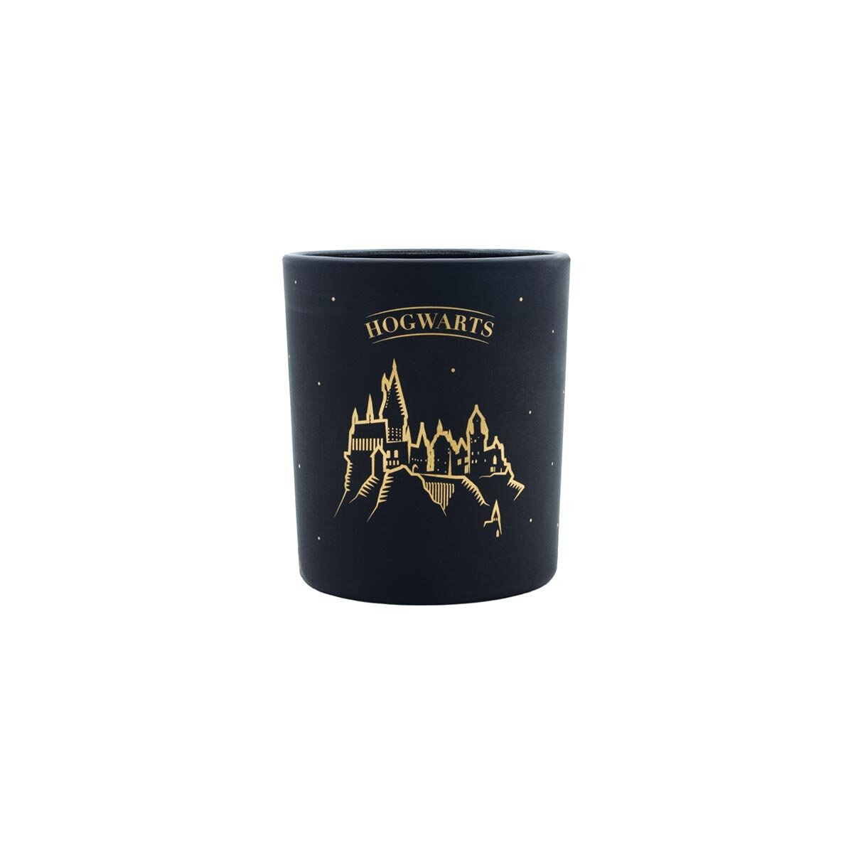 Harry Potter Duftkerze ‚Hogwarts Black‘ (135g) – Vorderseite der schwarzen, offiziellen Lizenzkerze mit goldener Silhouette von Hogwarts – ideale Deko sowie Geschenkidee für Harry Potter-Fans.