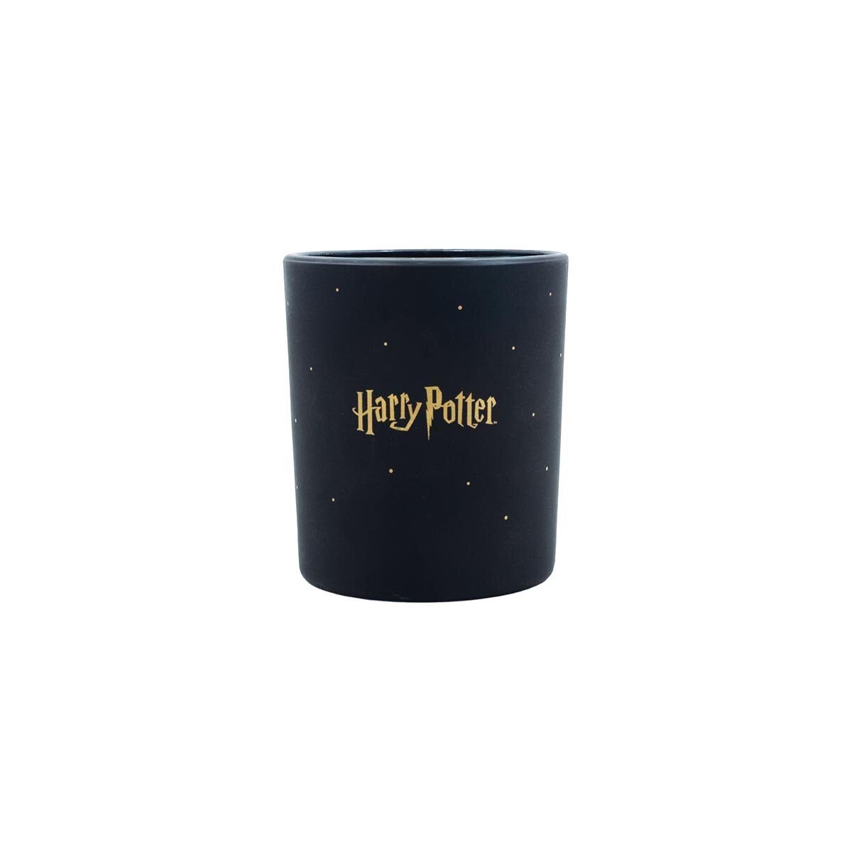 Harry Potter Duftkerze ‚Hogwarts Black‘ (135g) – Rückseite der schwarzen, offiziellen Lizenzkerze mit goldenem Harry-Potter-Schriftzug – perfekte Deko sowie Geschenkidee für Harry Potter-Fans.