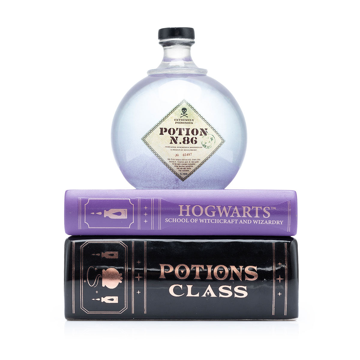 Harry Potter Duftkerze im Design gestapelter Hogwarts Zauberbücher aus Keramik mit einem runden Potion N.86 Zaubertrank-Flakon obenauf, 200g.